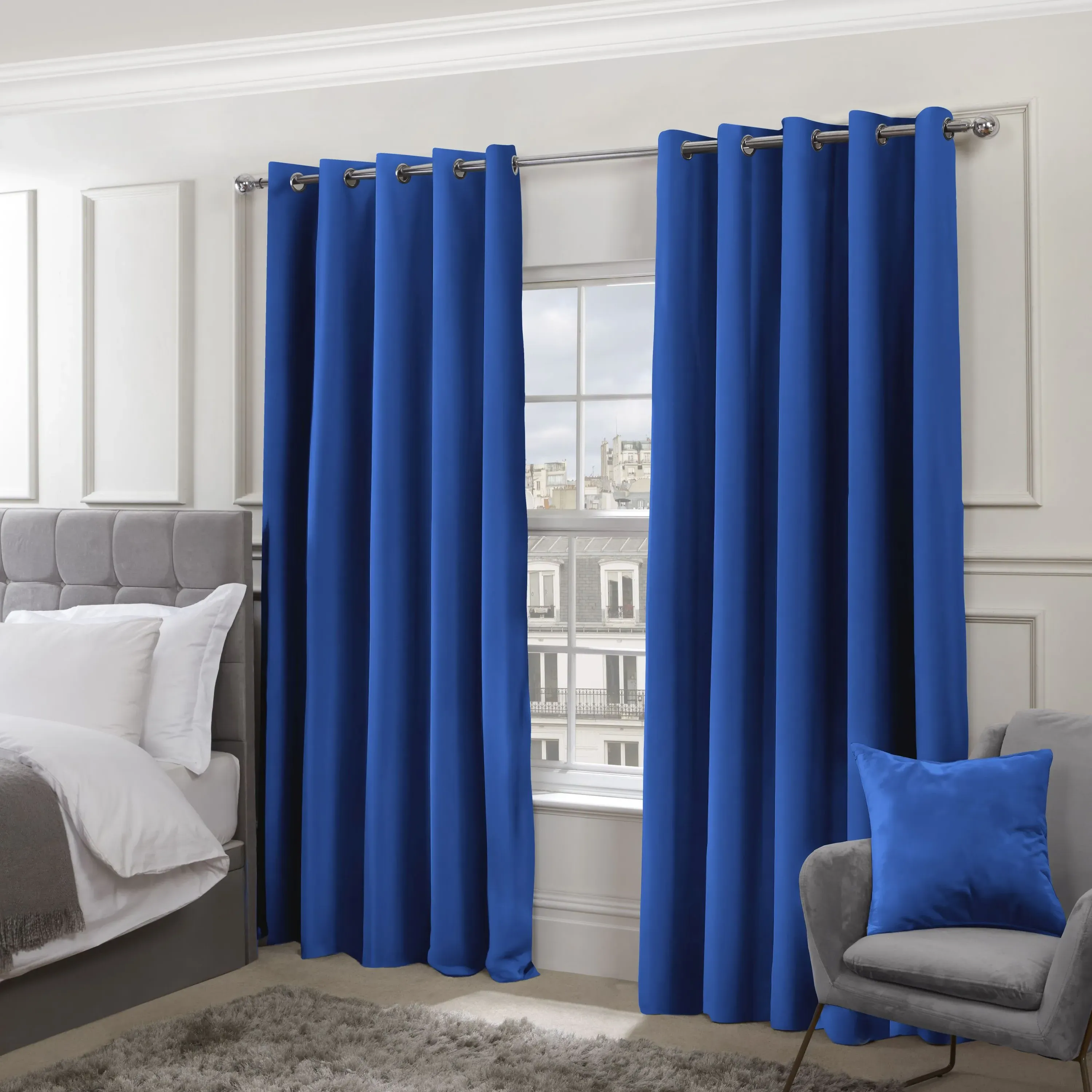 Thermal Blackout Eyelet Curtains - Blue, Polyester