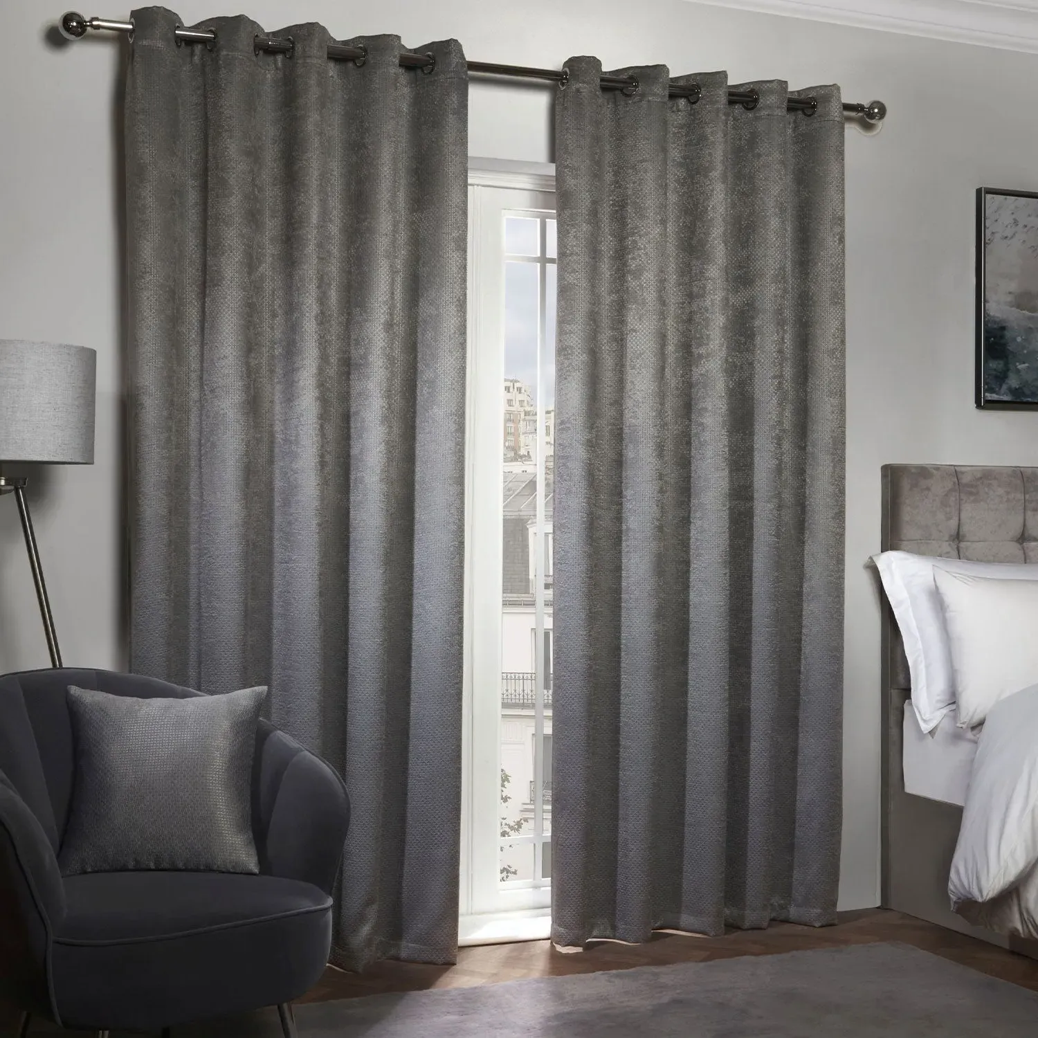 Thermal Blackout Eyelet Curtains - Grey, Polyester