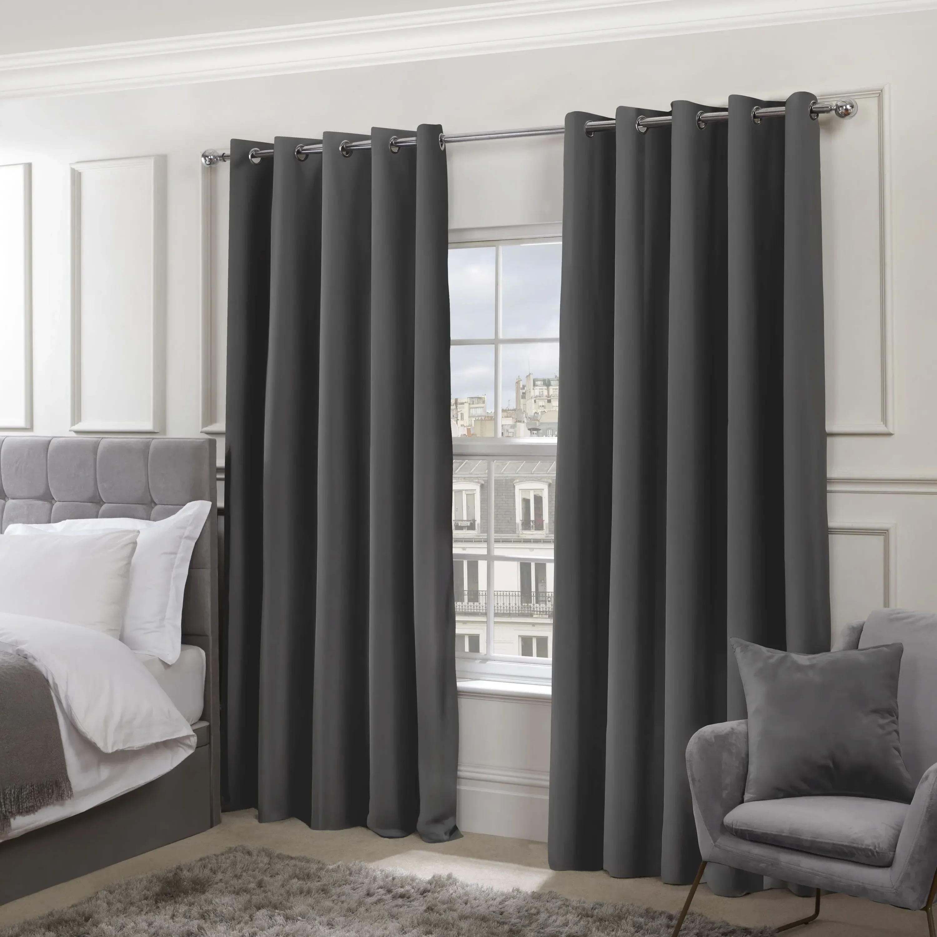 Thermal Blackout Eyelet Curtains - Grey, Polyester