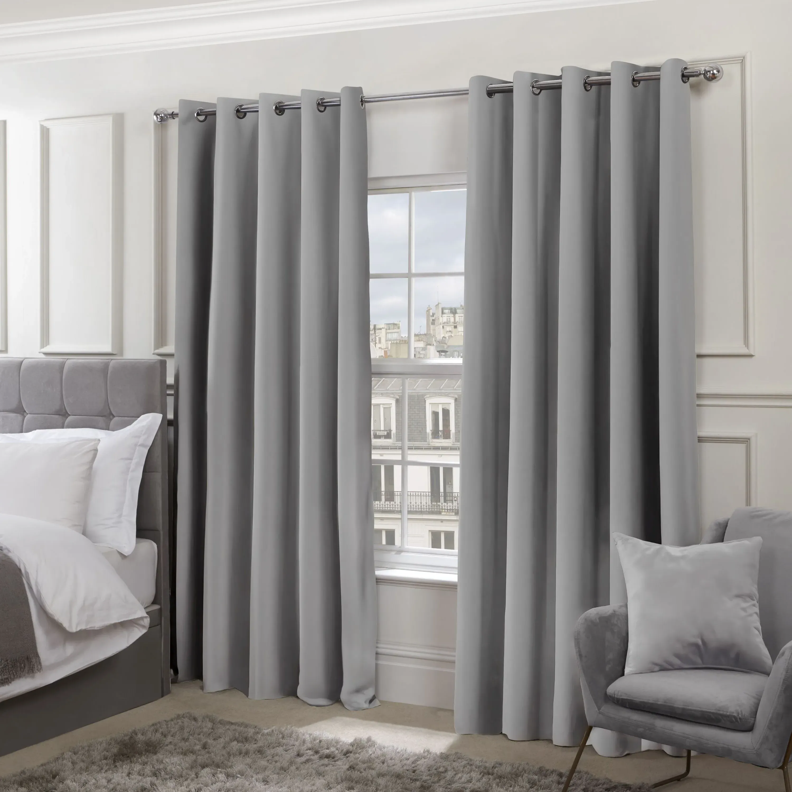 Thermal Blackout Eyelet Curtains - Grey, Polyester