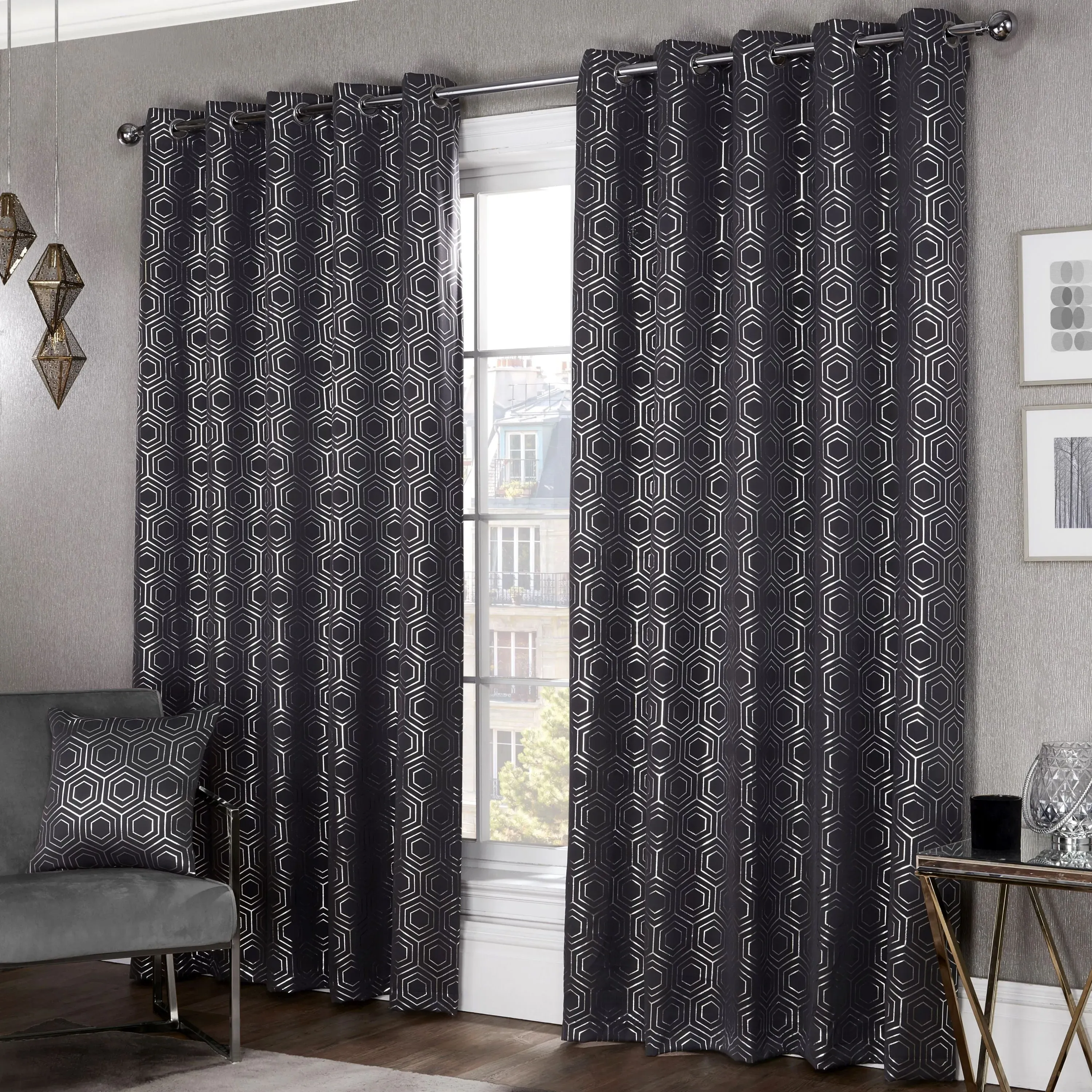 Thermal Blackout Eyelet Curtains - Grey, Woven