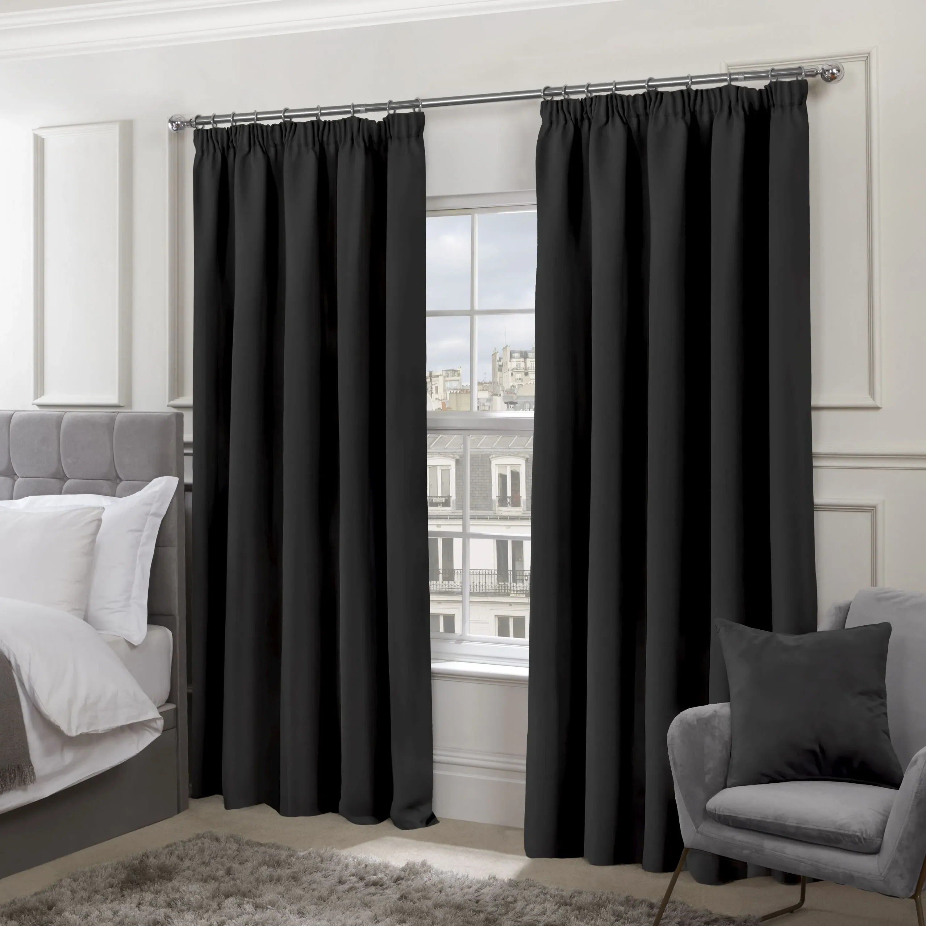 Thermal Blackout Pencil Pleat Curtains - Black