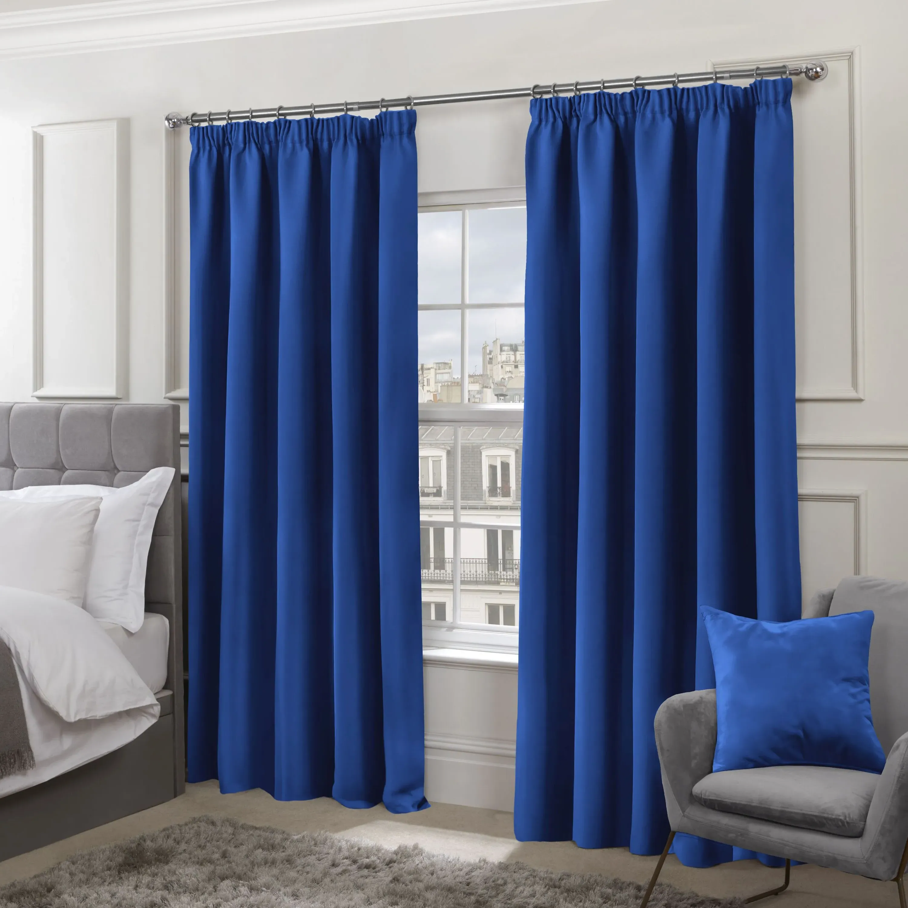 Thermal Blackout Pencil Pleat Curtains - Blue
