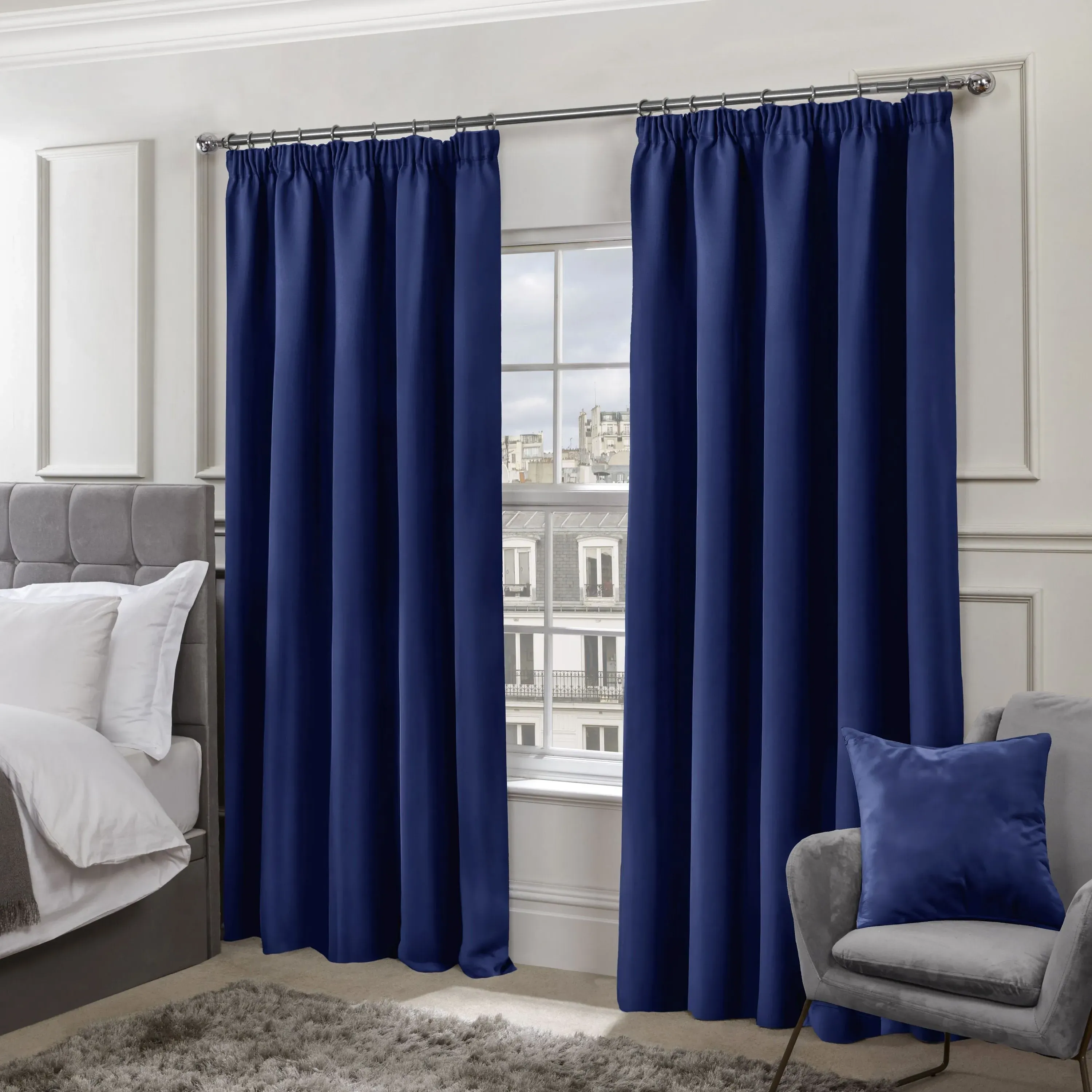Thermal Blackout Pencil Pleat Curtains - Blue