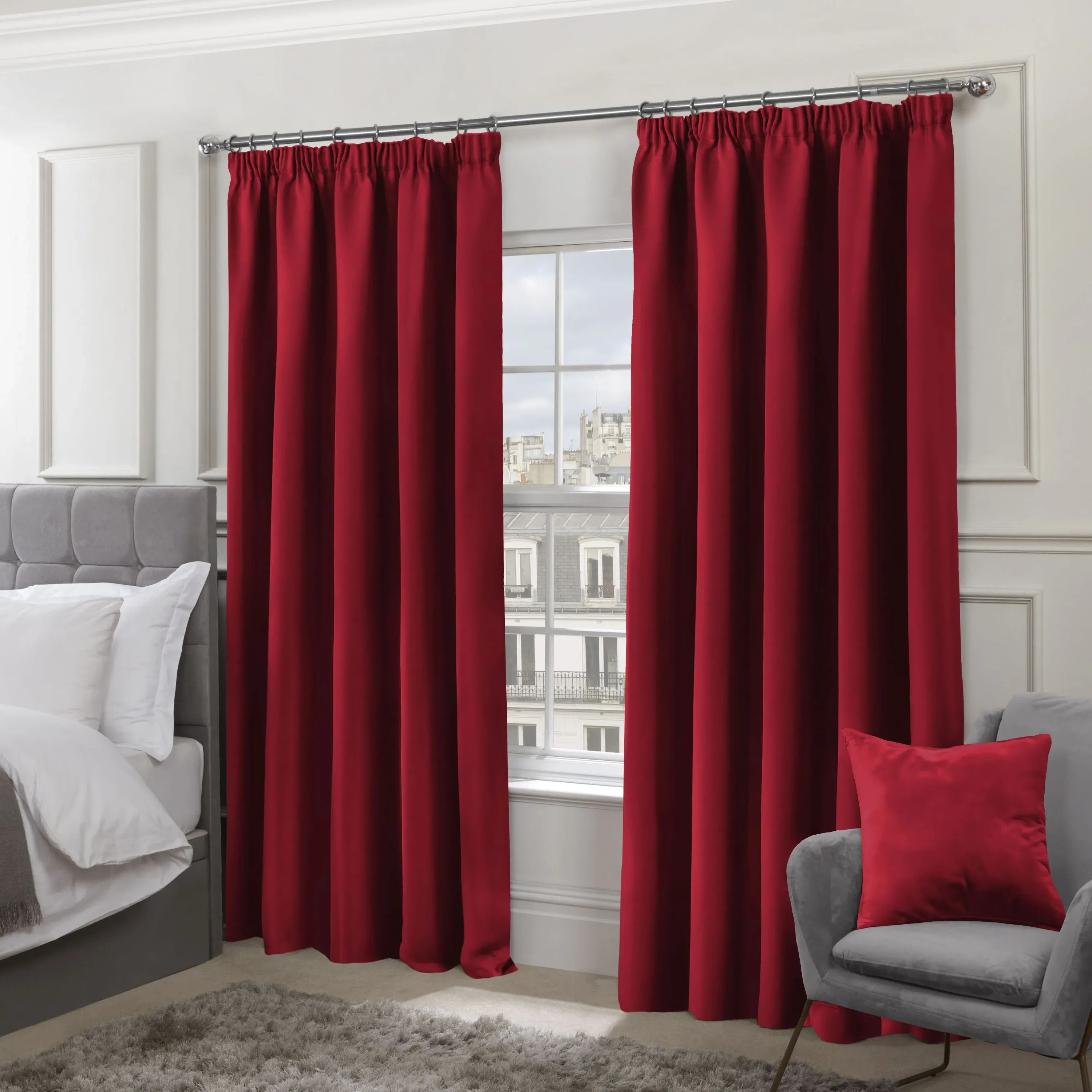 Thermal Blackout Pencil Pleat Curtains - Red