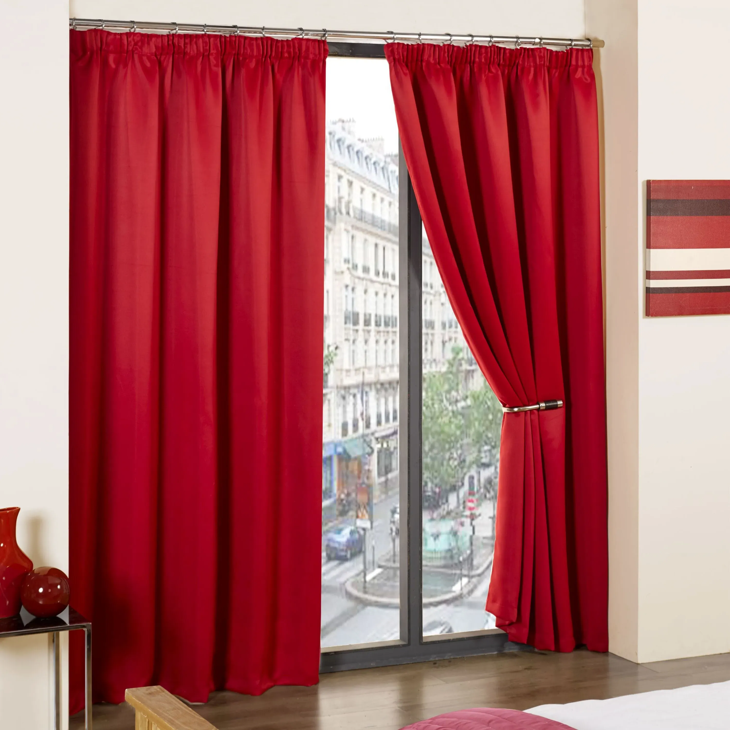 Thermal Blackout Pencil Pleat Curtains - Red