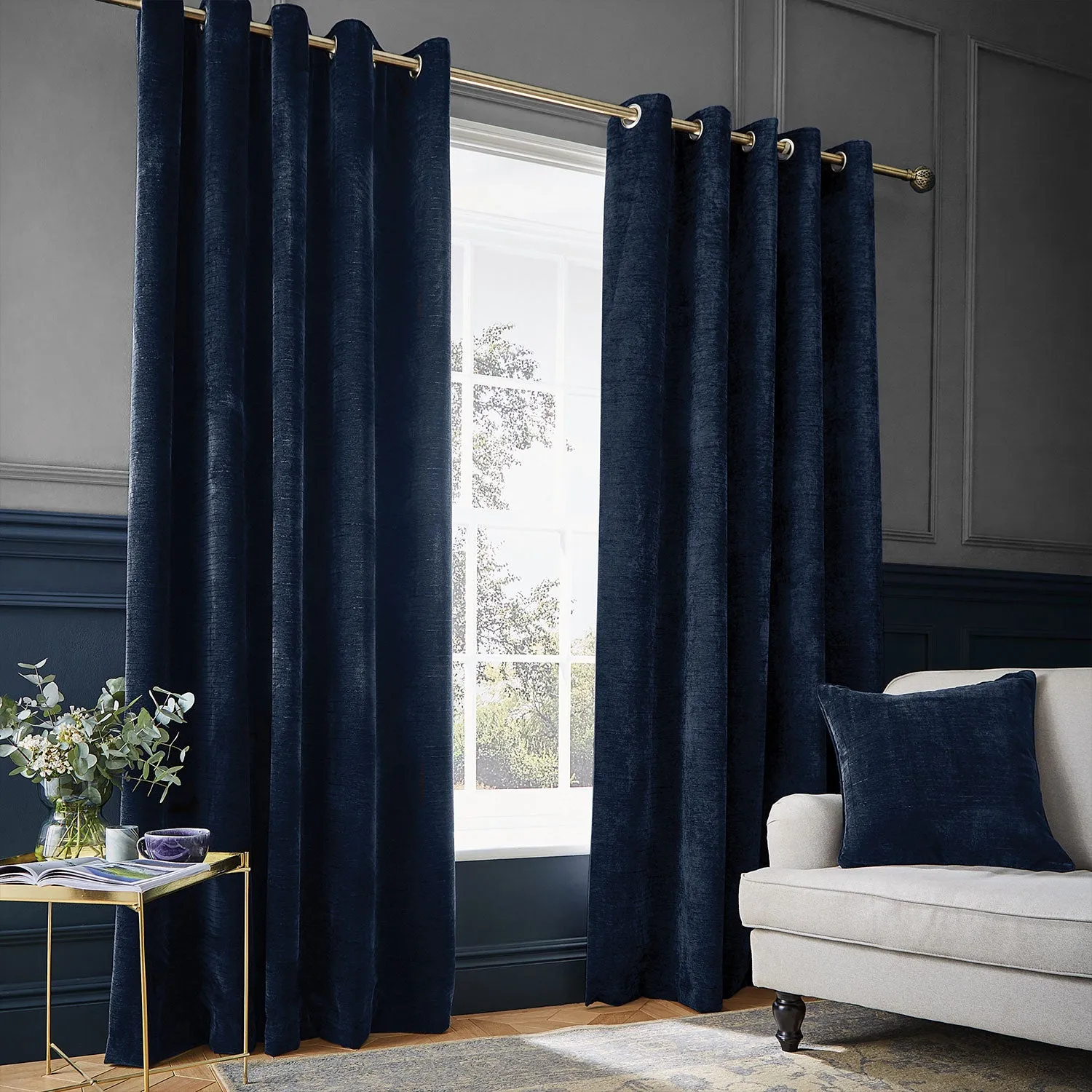 Thermal Eyelet Curtains - Blue, Chenille