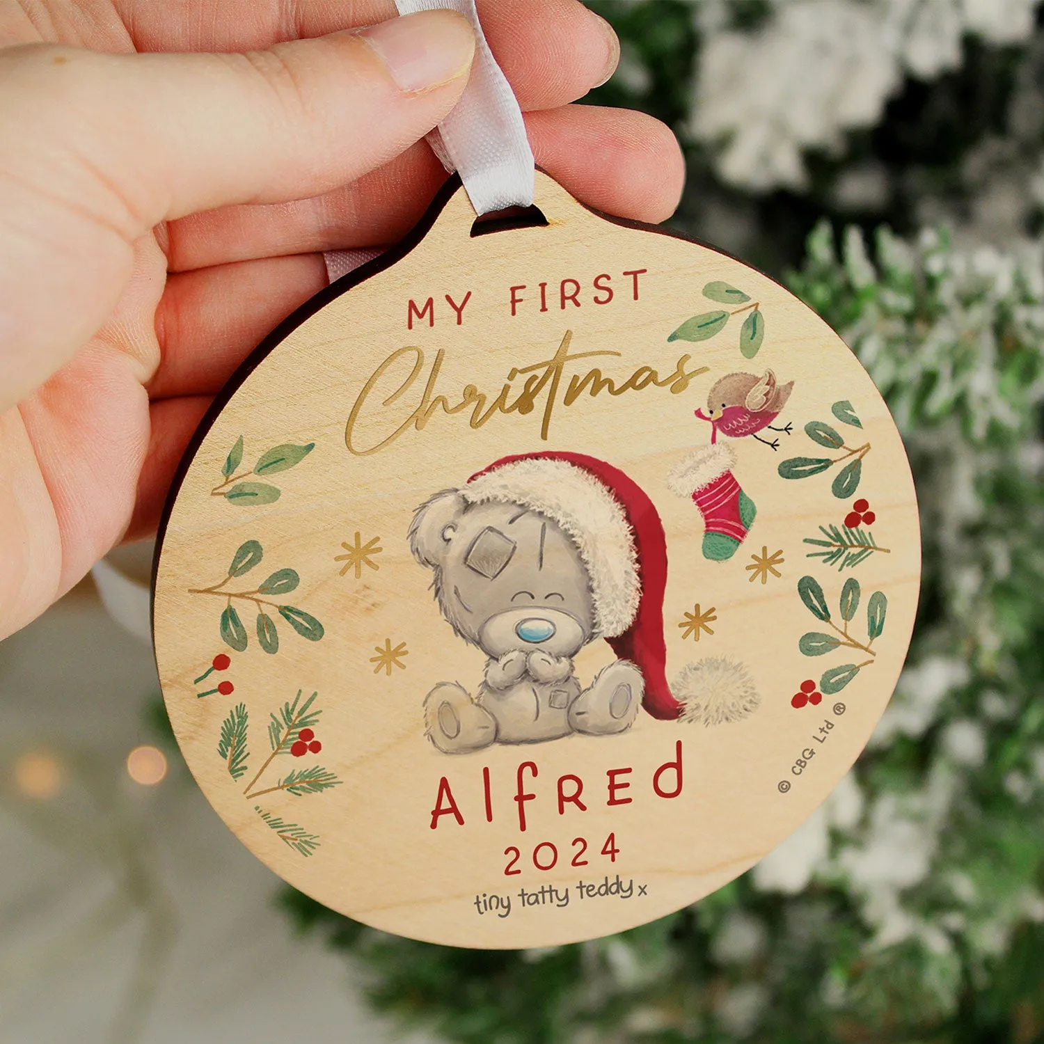 Tiny Tatty Teddy First Christmas Round Wooden Decoration - Brown by Julian Charles, alternate view