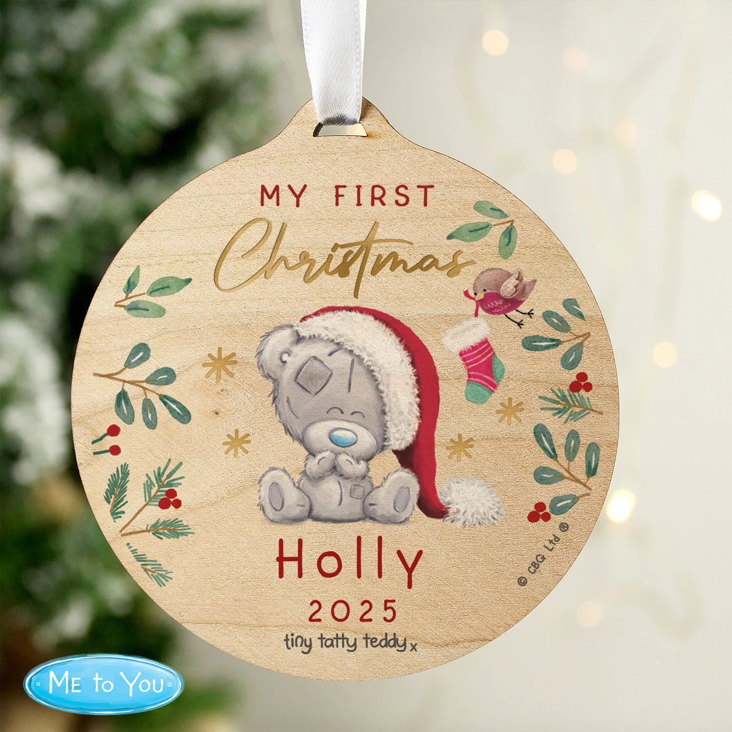 Tiny Tatty Teddy First Christmas Round Wooden Decoration - Brown by Julian Charles
