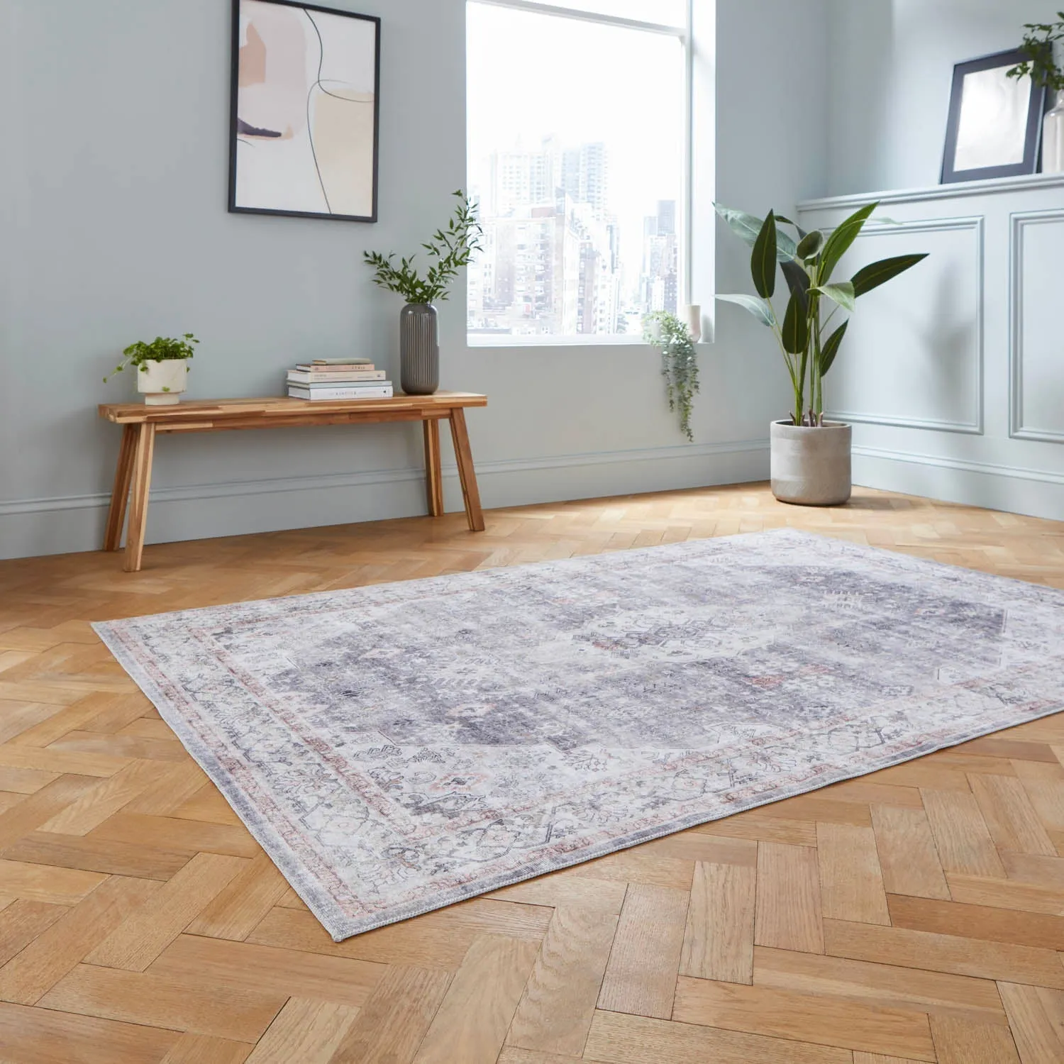Traditional Area Rug with Distressed Finish - Grey