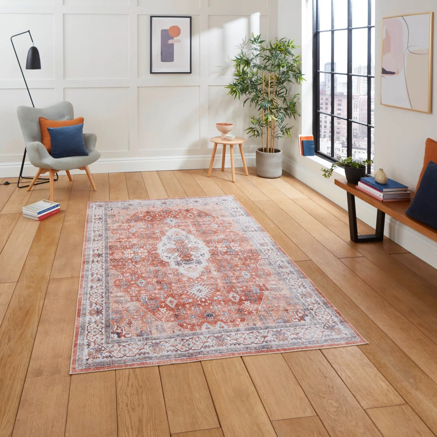 Traditional Area Rug with Distressed Finish - Orange