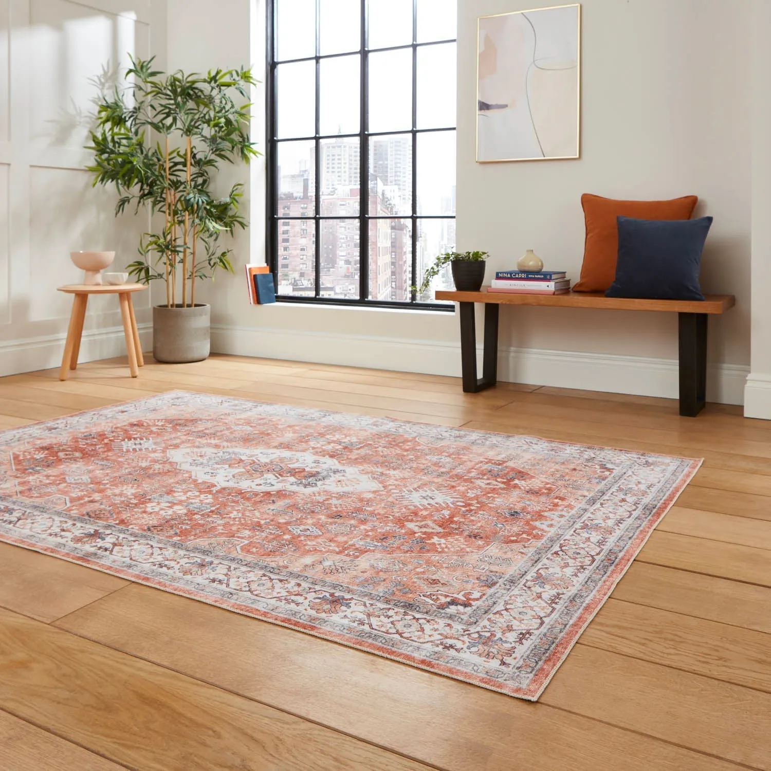 Traditional Area Rug with Distressed Finish - Orange