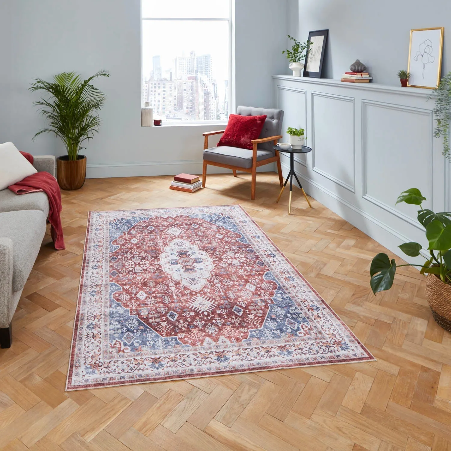 Traditional Area Rug with Distressed Finish - Red