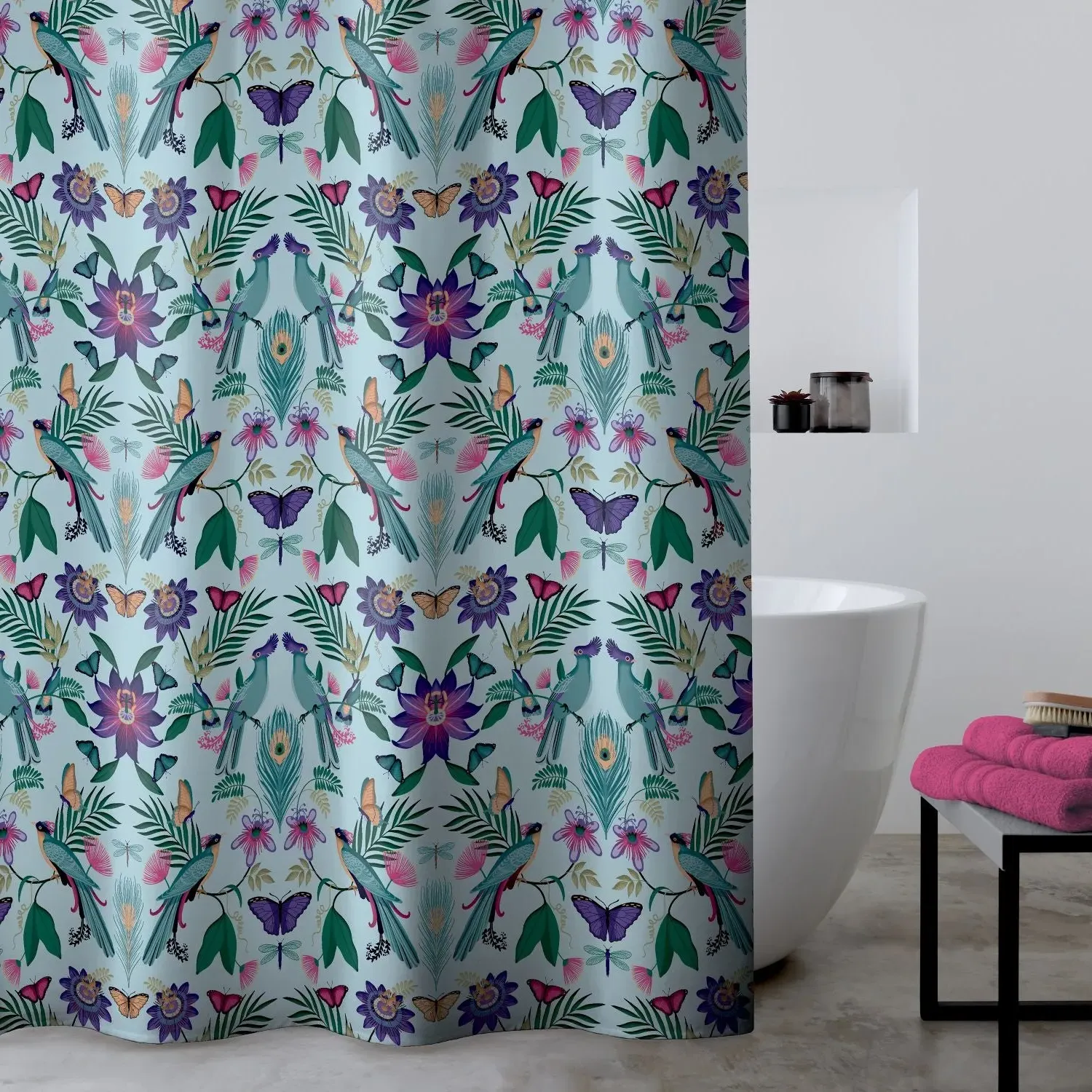 Tropical Bird Shower Curtain - Blue, Polyester