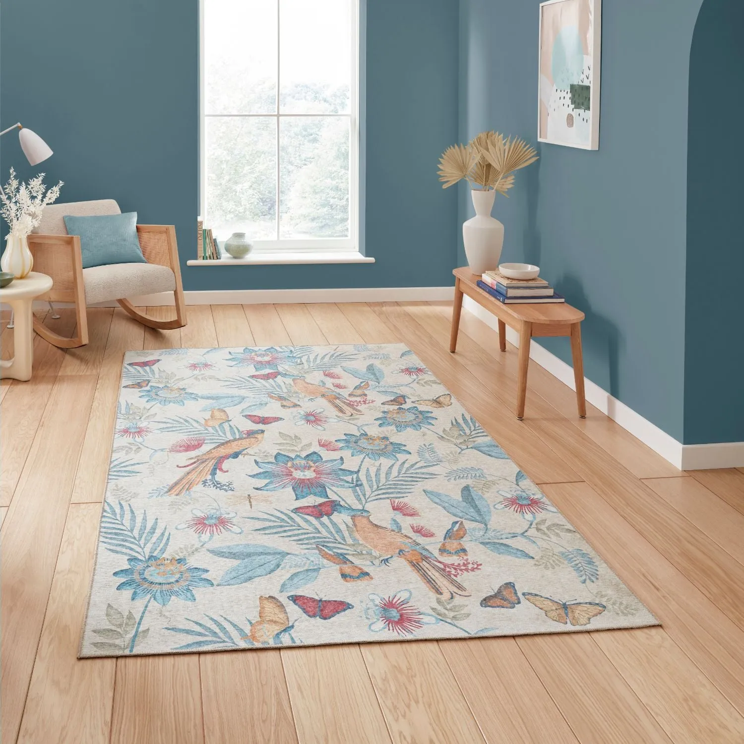 Tropical Birds Flat Weave Rug - Blue, Polyester