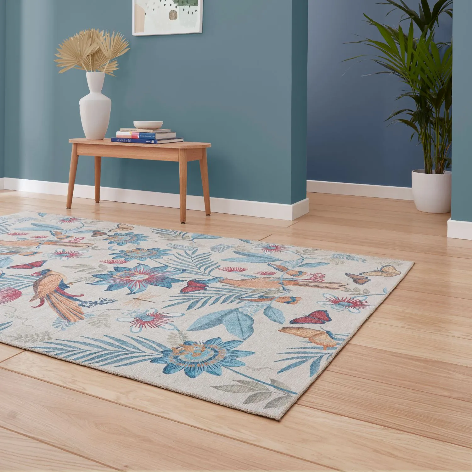 Tropical Birds Flat Weave Rug - Blue, Polyester