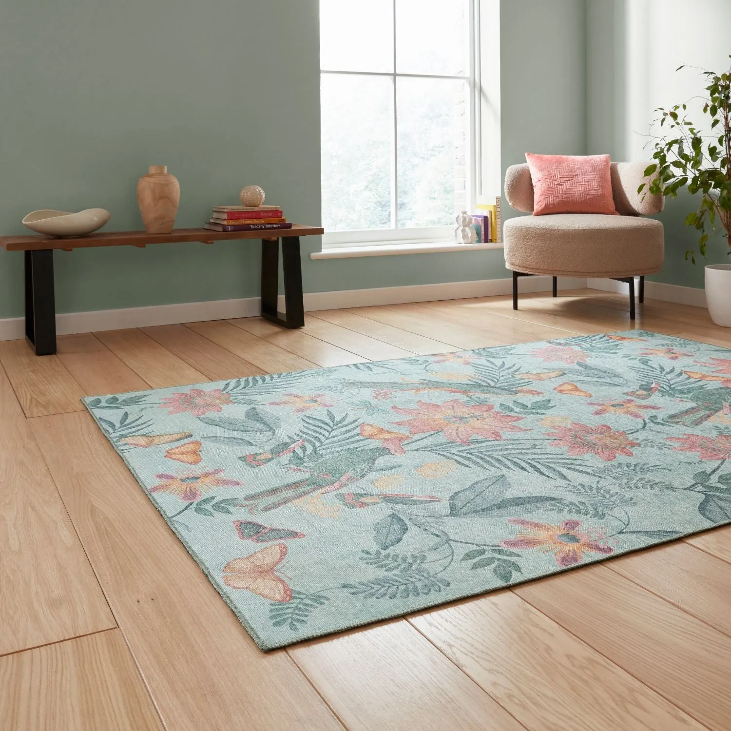 Tropical Birds Flat Weave Rug - Green, Polyester