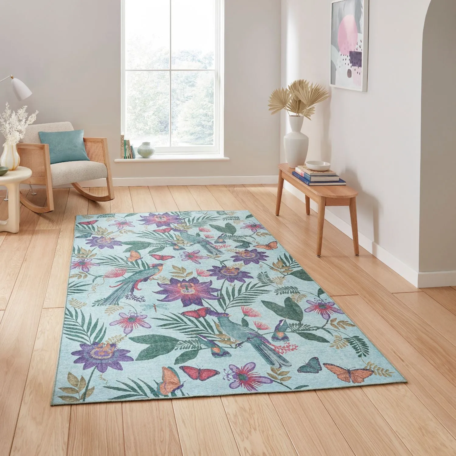 Tropical Birds Flat Weave Rug - Purple, Polyester