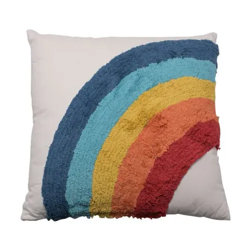 Tufted Cushion with Rainbow Design - White, Cotton