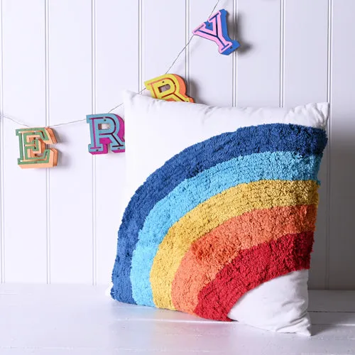 Tufted Cushion with Rainbow Design - White, Cotton image