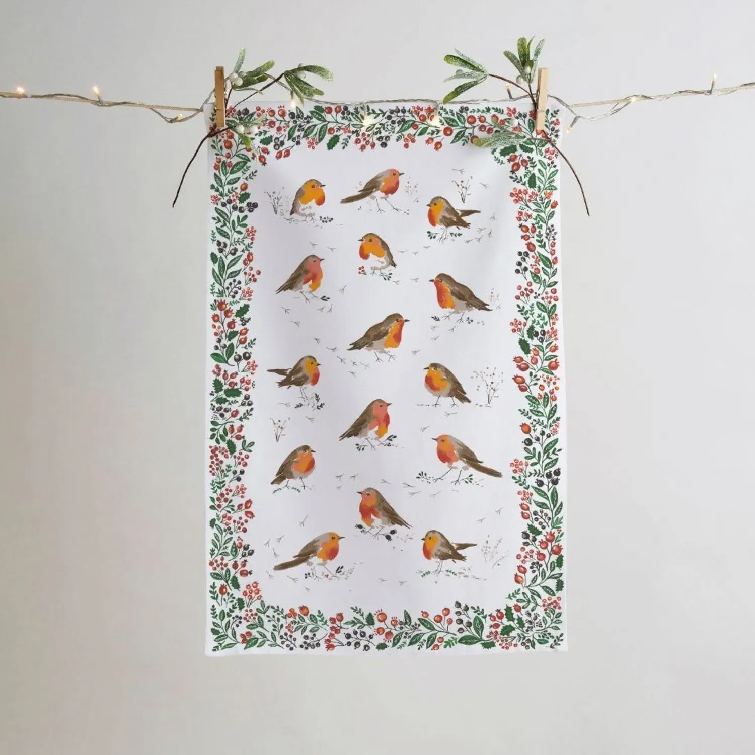 Ulster Weavers Robins and Berry Border Tea Towel - White, Cotton by Julian Charles, image 2