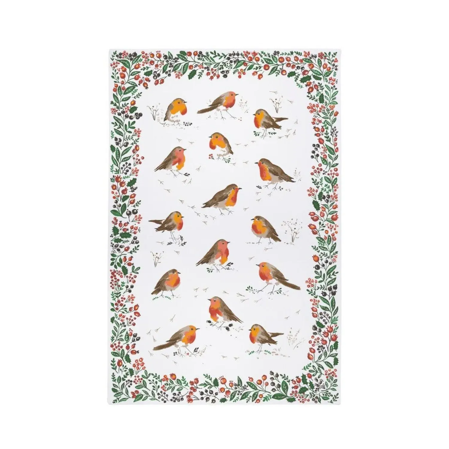 Ulster Weavers Robins and Berry Border Tea Towel - White, Cotton by Julian Charles