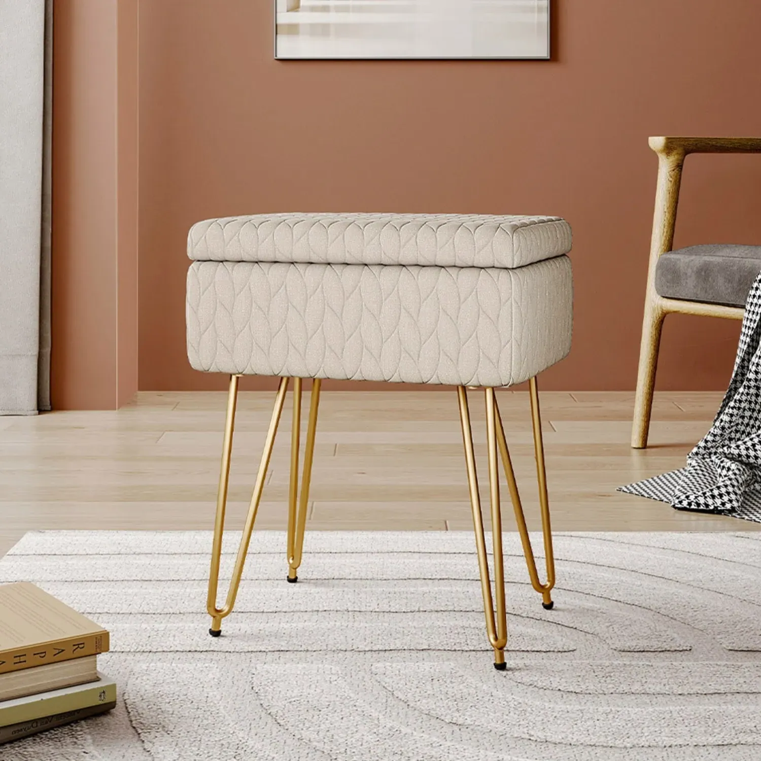 Upholstered Ottoman Vanity Stool with Storage - Beige product