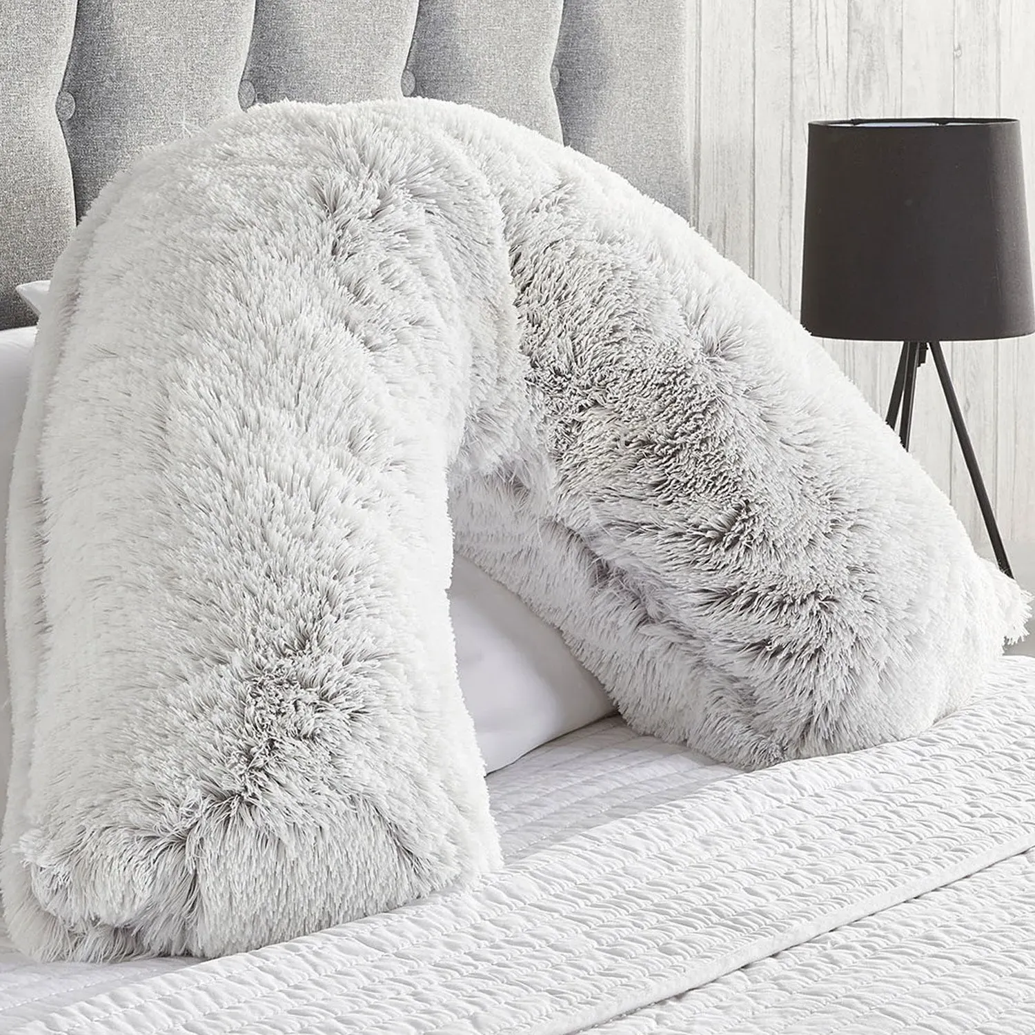 V-Shape Pillow with Long Hair - Grey, Fabric