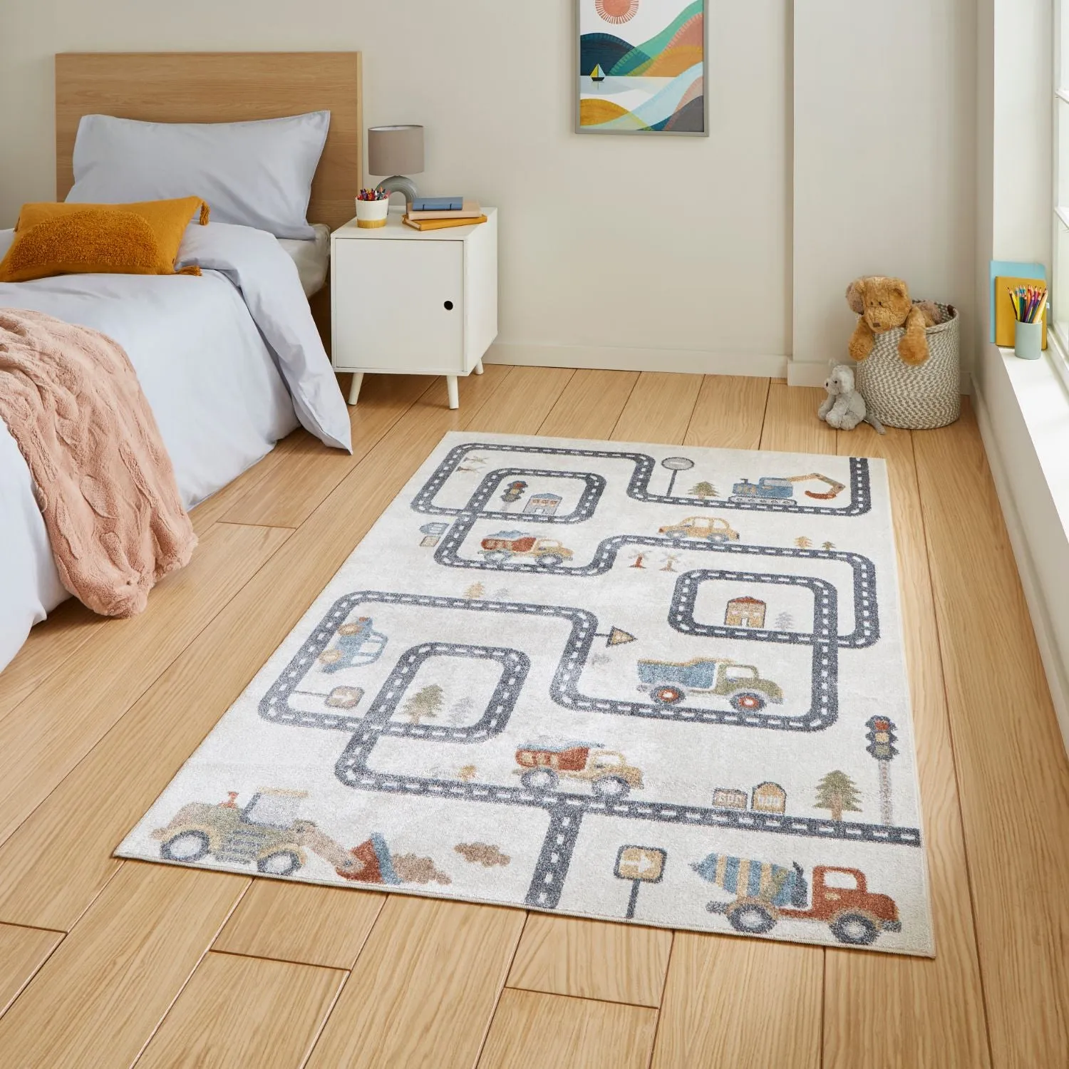 Vida Kids Road Map Recycled Rug - Cream, Polypropylene by Julian Charles