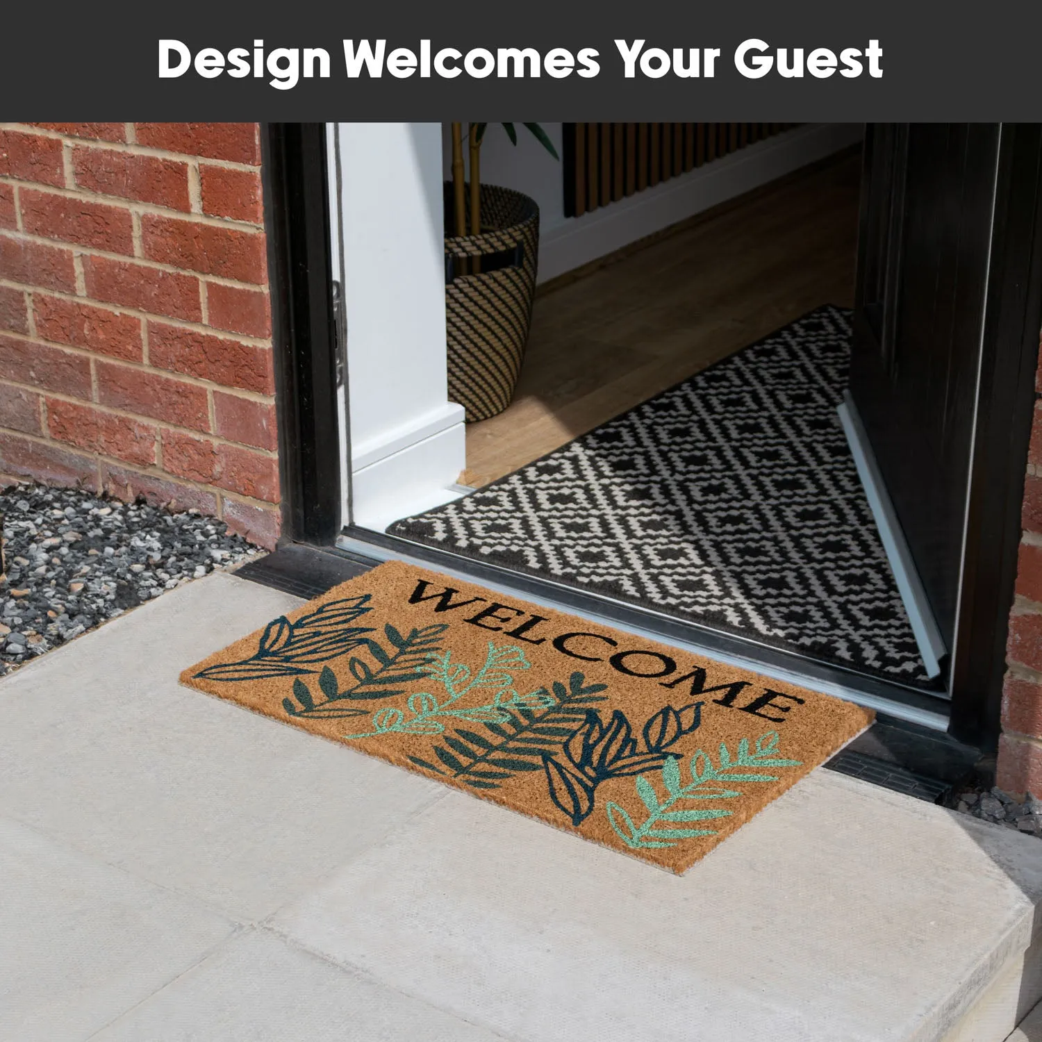 Welcome Leaves Latex Backed Coir Entrance Doormat - Green by Julian Charles, alternate view
