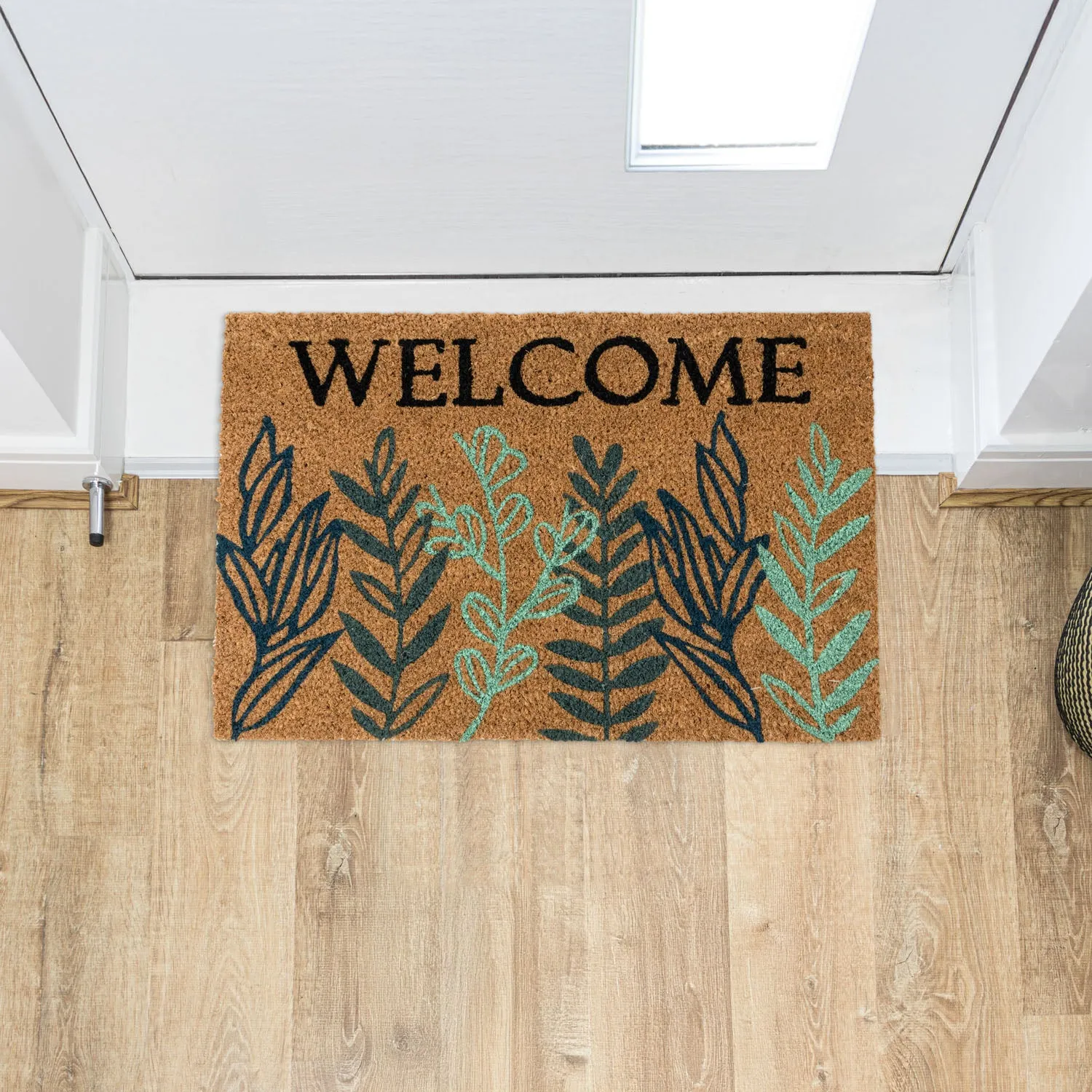 Welcome Leaves Latex Backed Coir Entrance Doormat - Green by Julian Charles