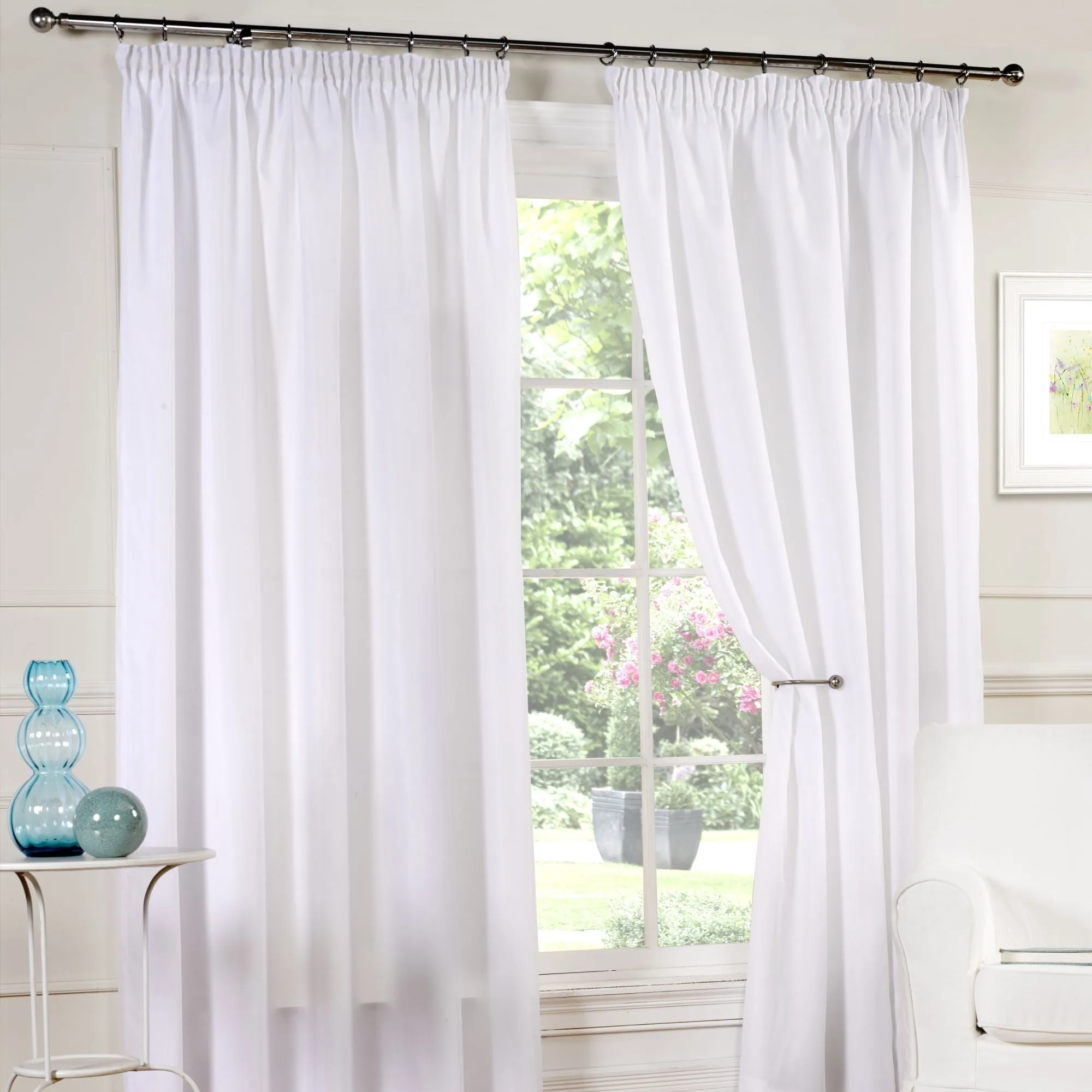 Lined Pencil Pleat Voile Curtains - White product