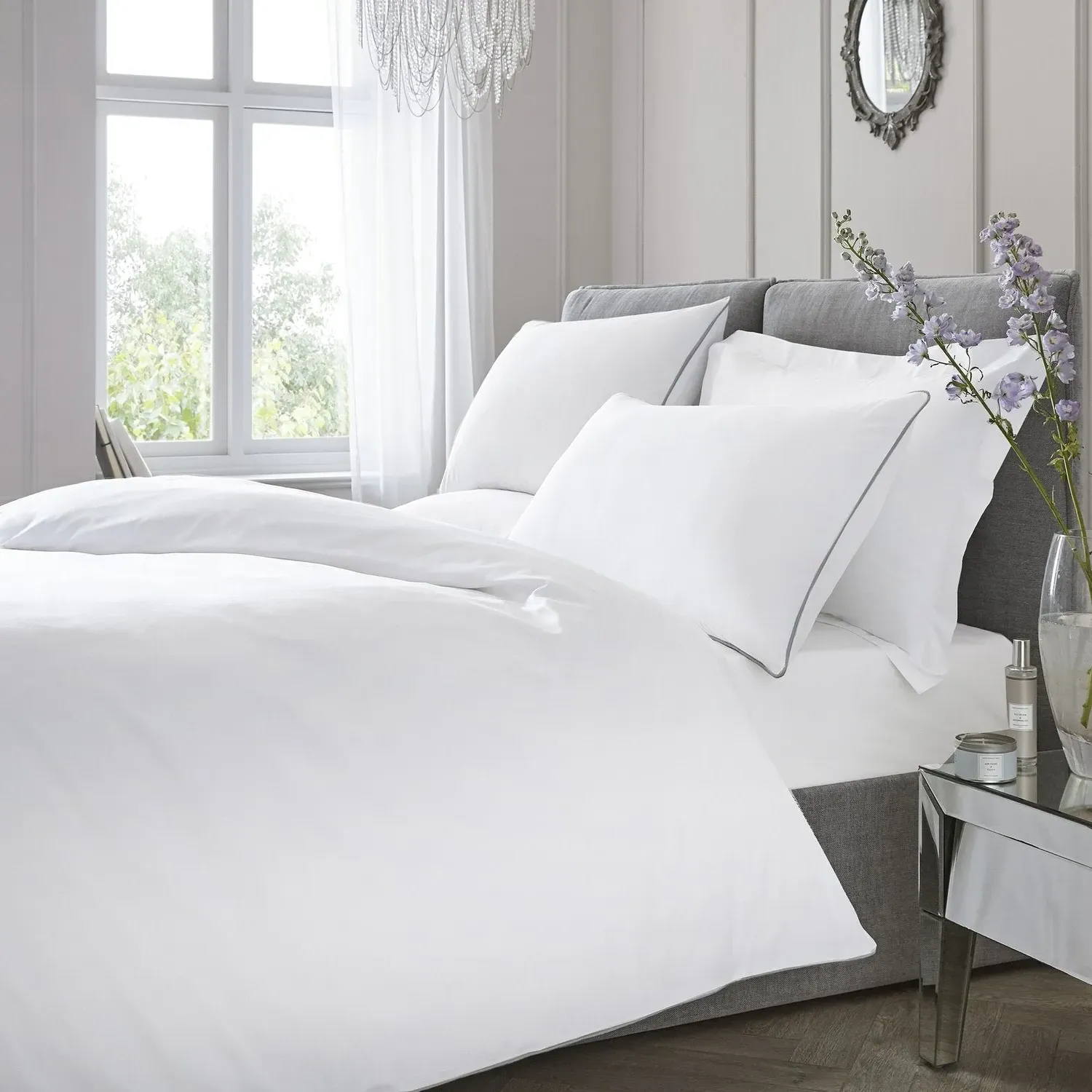 White Silver Contrast Piping Single Duvet Set - White, Cotton product