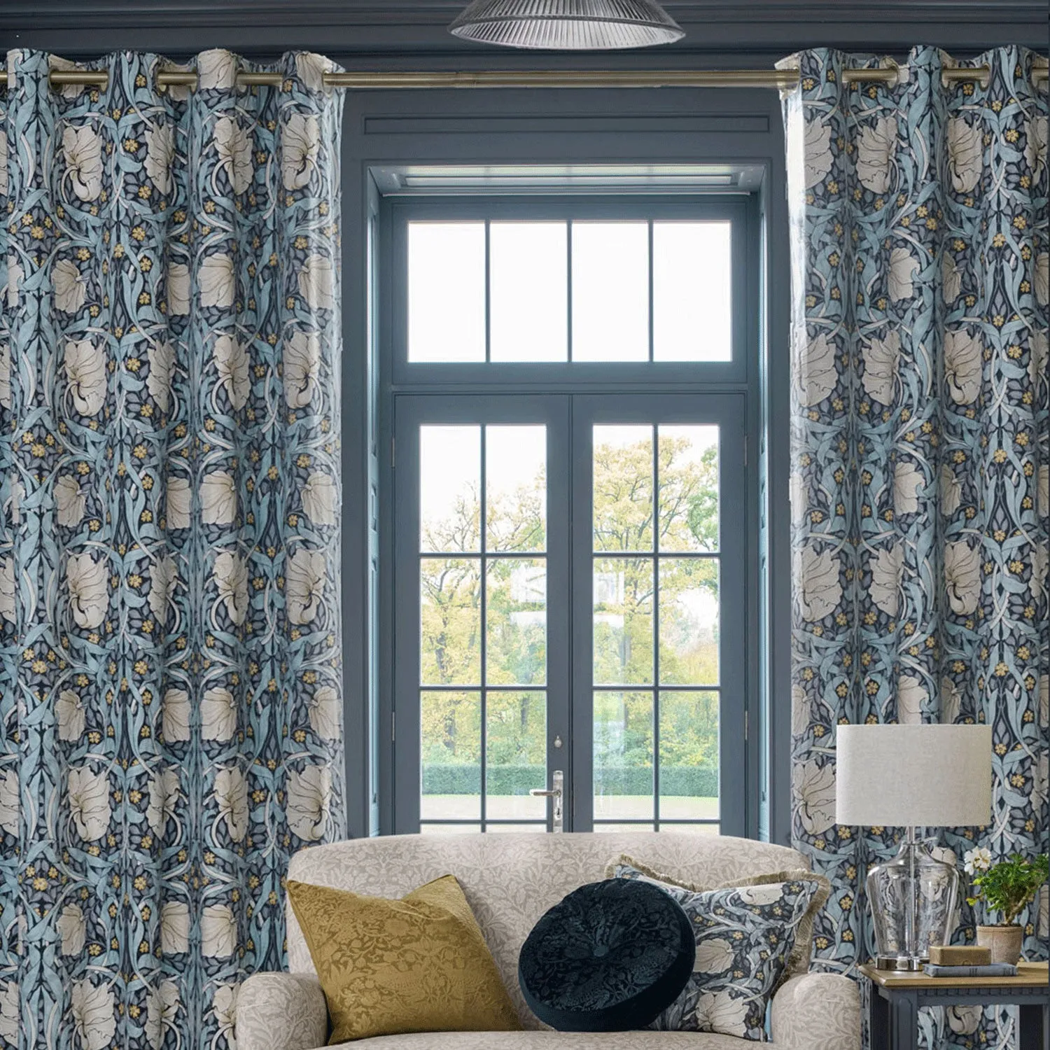 William Morris At Home Pimpernel Blackout Eyelet Curtains - Blue, Cotton by Julian Charles