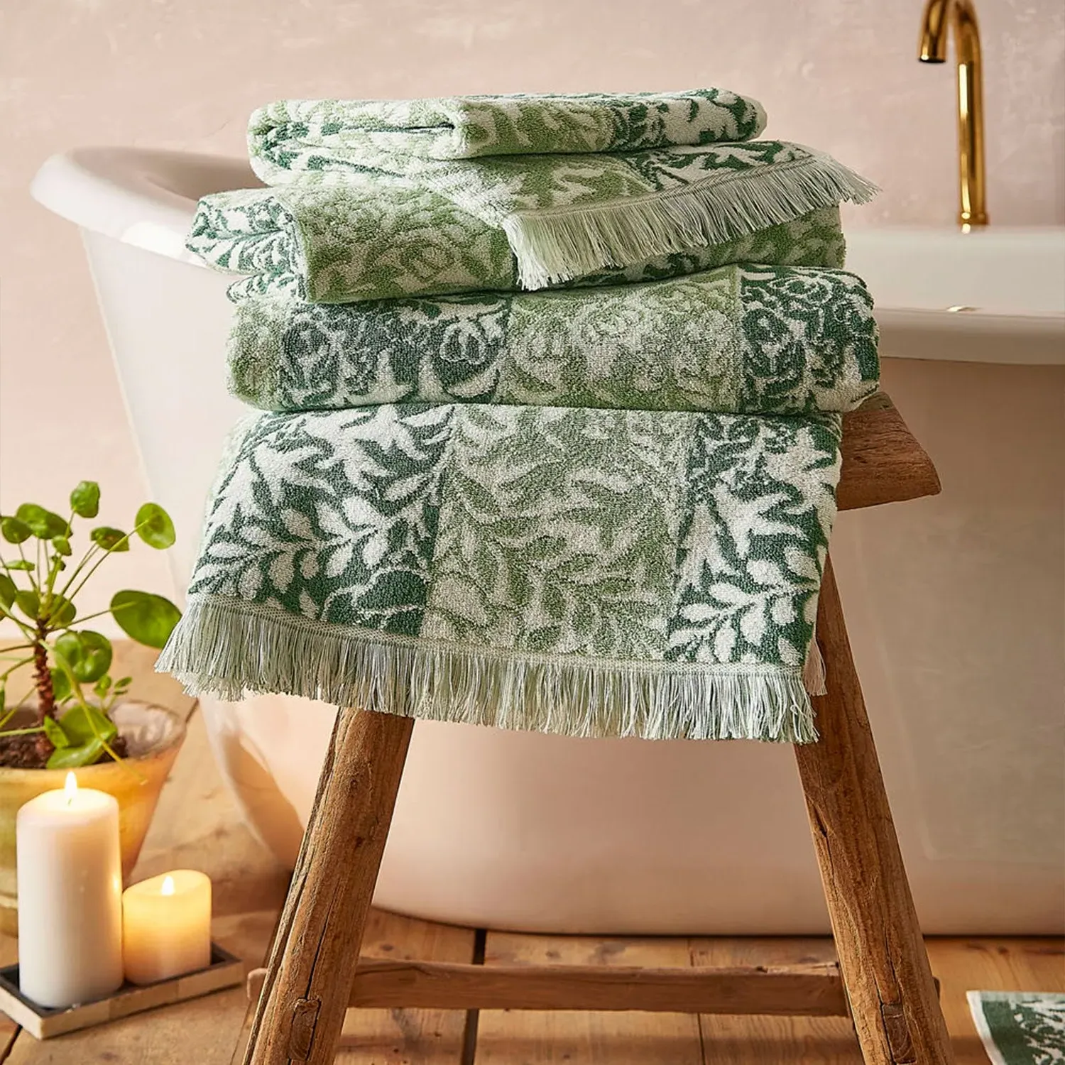 William Morris At Home Rose Stripe Bath Sheet - Sage Green, Cotton by Julian Charles