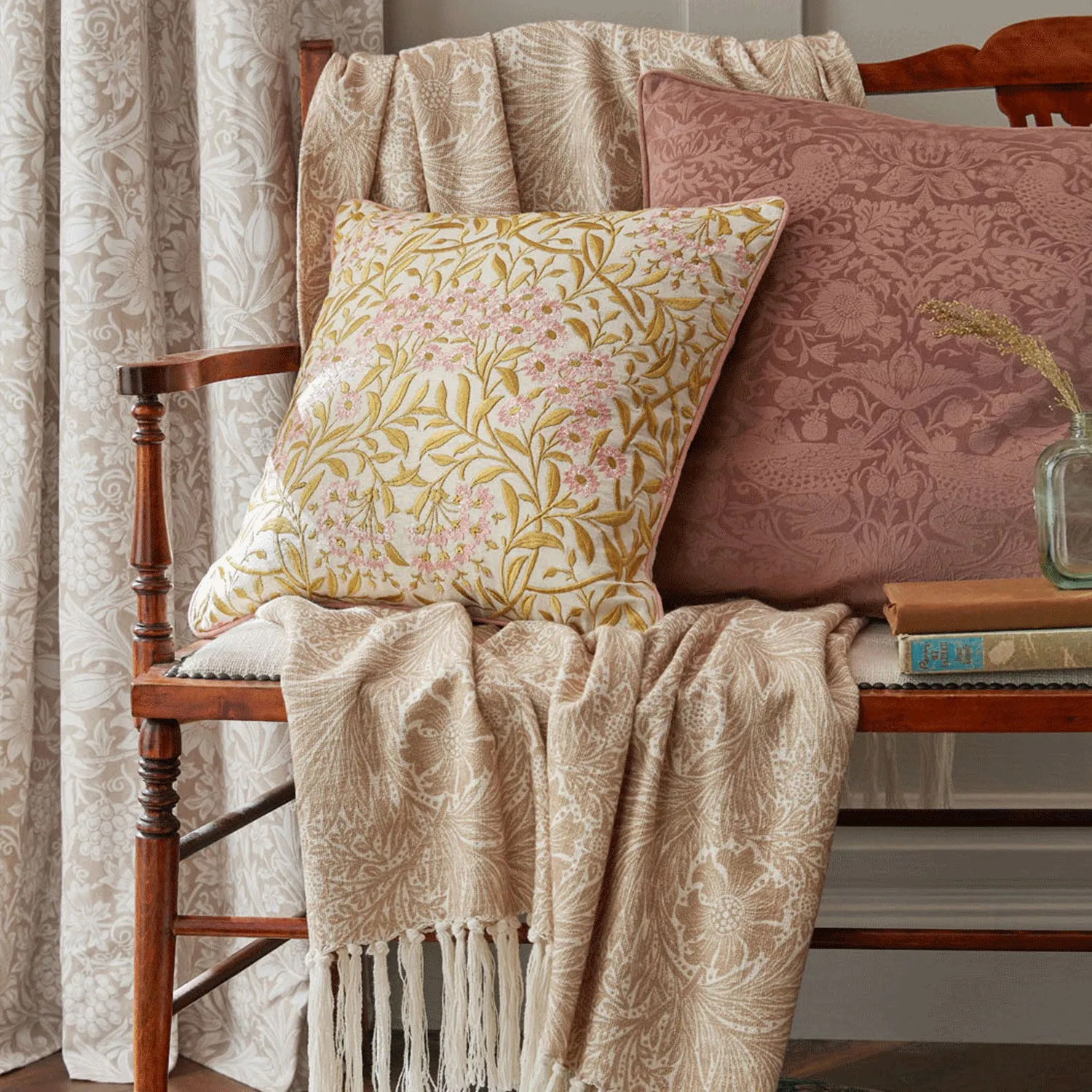 William Morris Michaelmas Daisy Embroidered Cushion - Pink, Gold by Julian Charles, alternate view