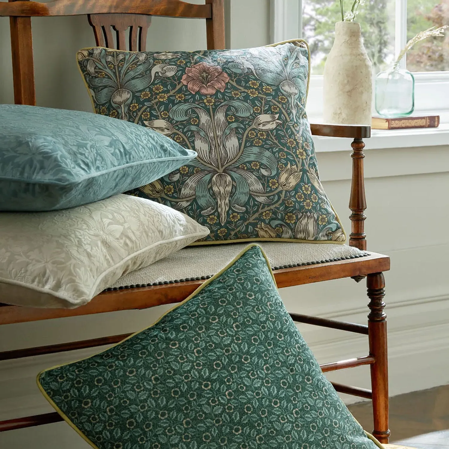 William Morris Spring Thicket Velvet Cushion - Green by Julian Charles, alternate view
