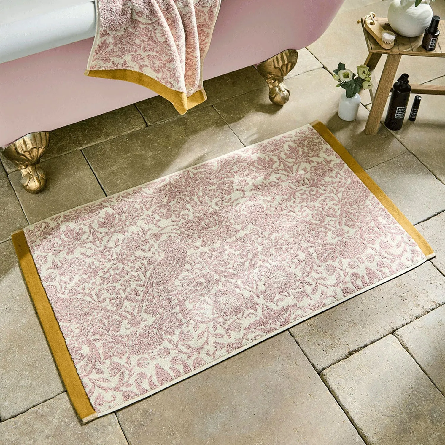 William Morris Strawberry Thief Bath Mat - Pink by Julian Charles