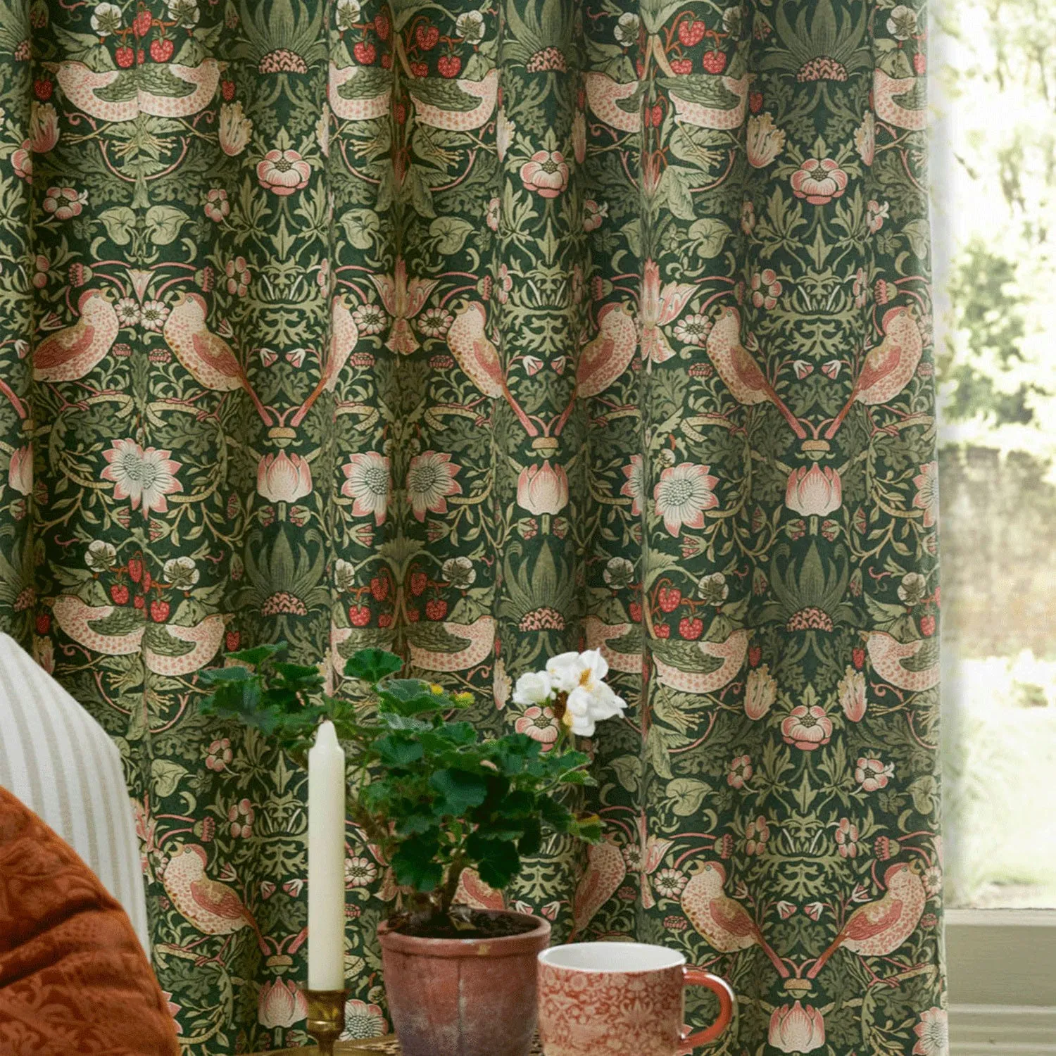 William Morris Strawberry Thief Blackout Pencil Pleat Curtains - Green, Cotton by Julian Charles, image 2