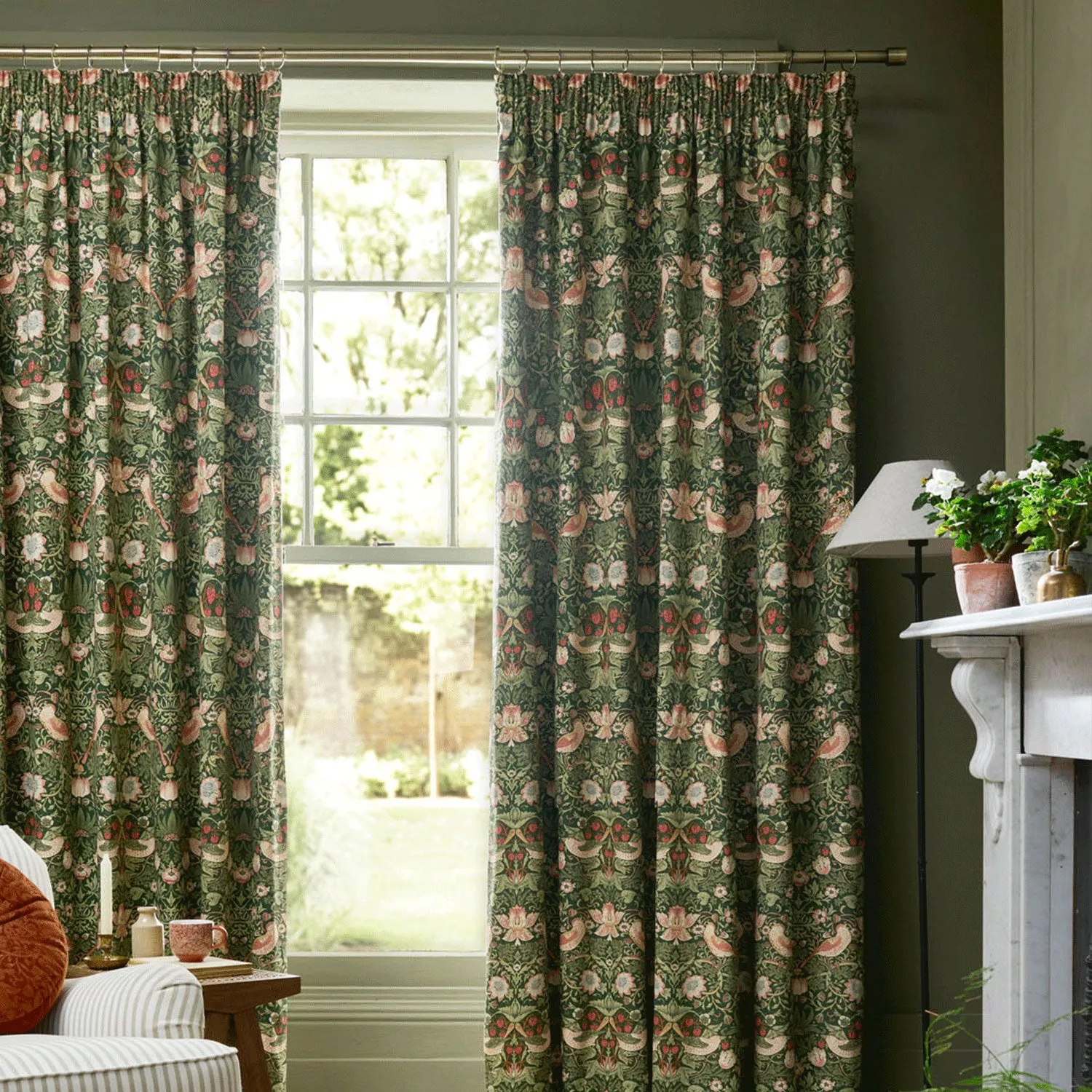 William Morris Strawberry Thief Blackout Pencil Pleat Curtains - Green, Cotton by Julian Charles