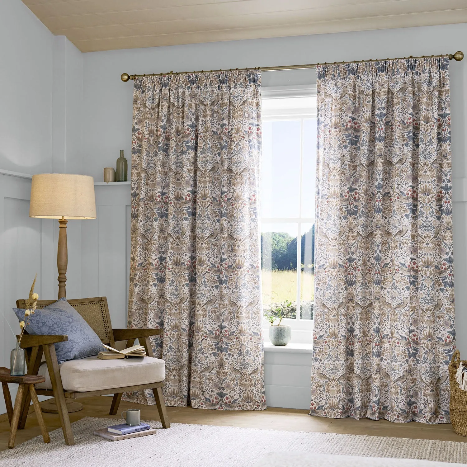 William Morris Strawberry Thief Hessian Pencil Pleat Curtains - Natural by Julian Charles