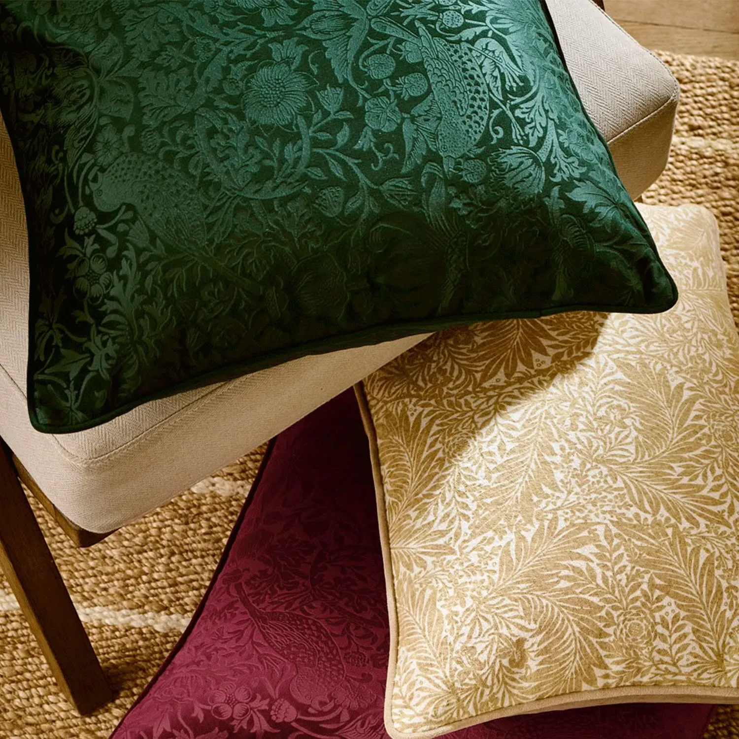 William Morris Strawberry Thief Large Cushion - Forest Green, Velvet by Julian Charles, image 2
