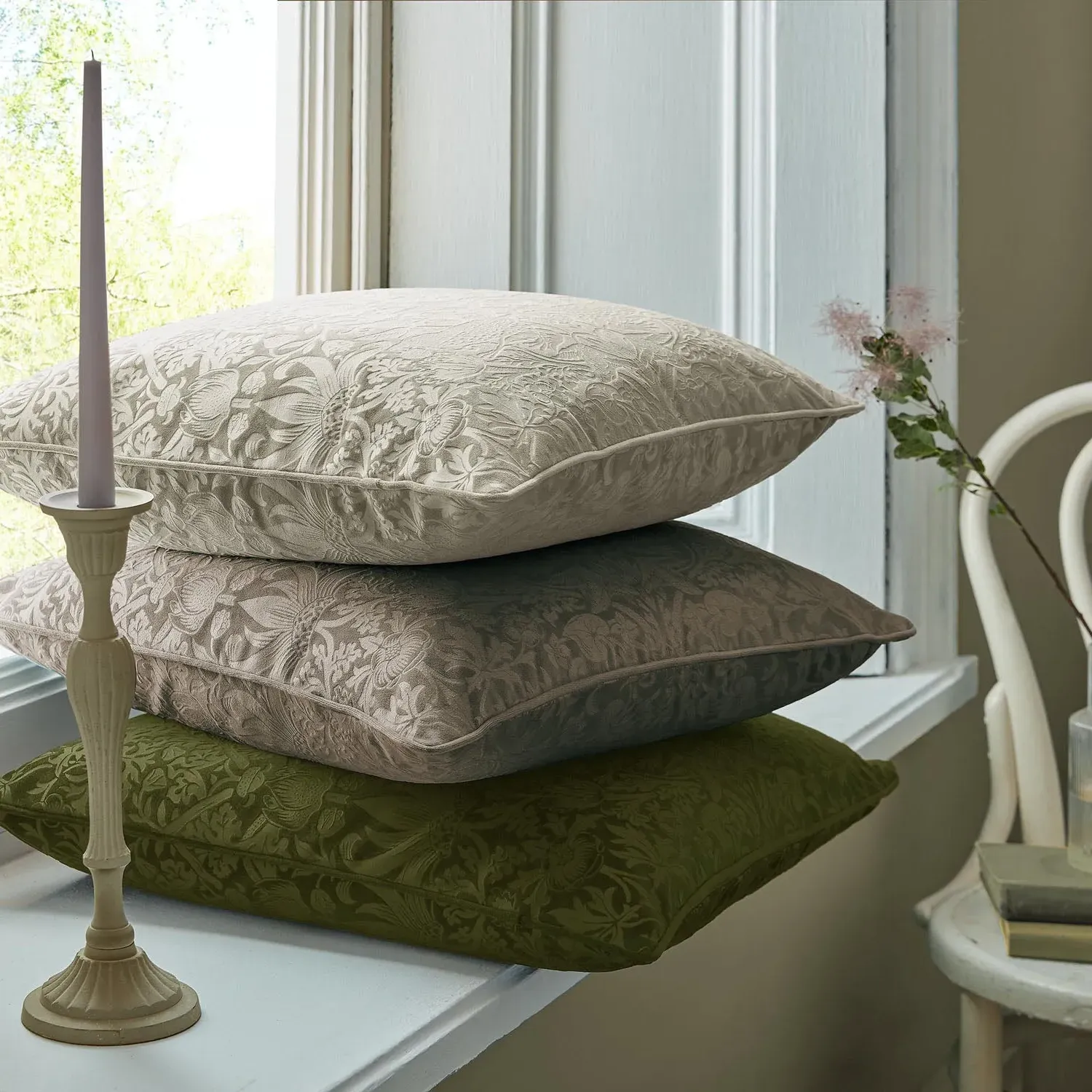 William Morris Strawberry Thief Large Cushion - Porcini, Velvet by Julian Charles, image 2