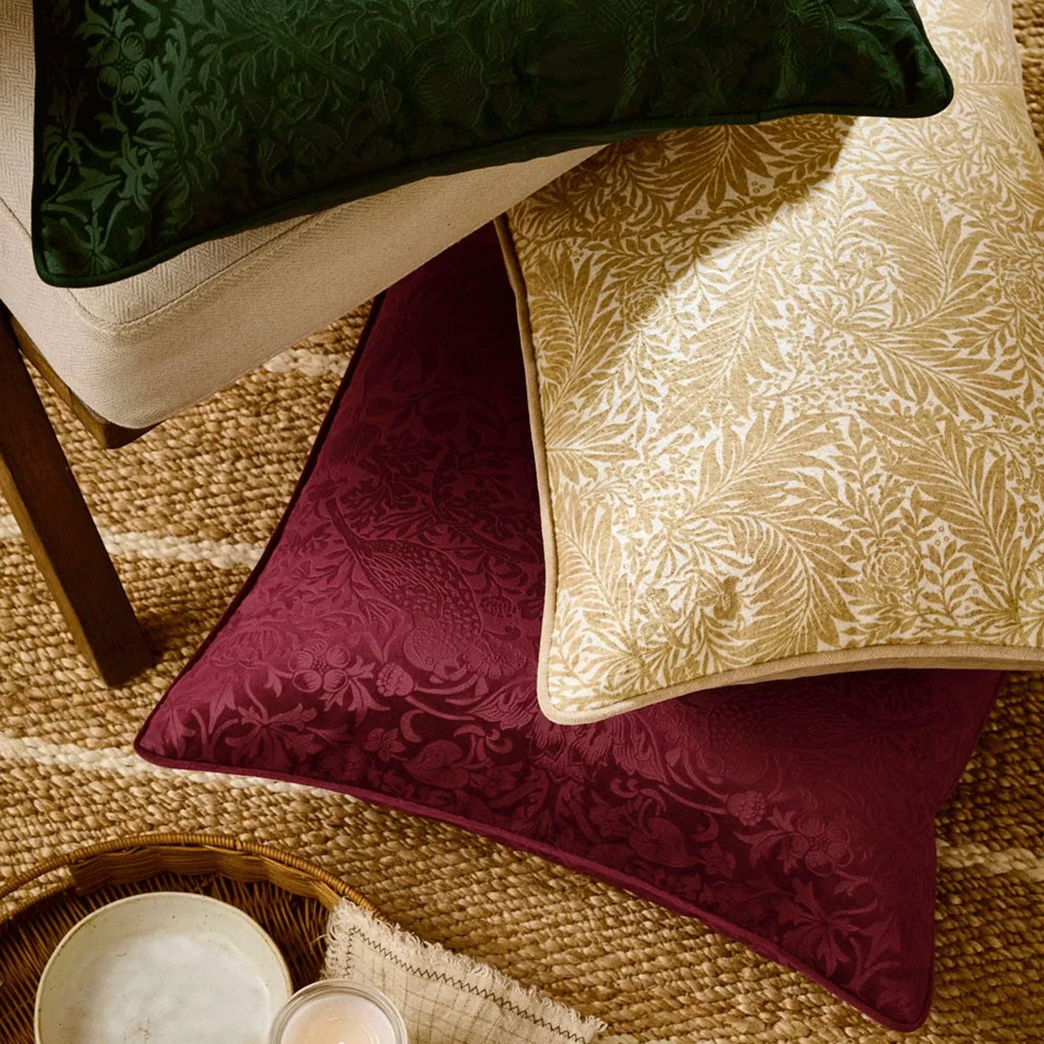 William Morris Strawberry Thief Large Cushion - Red, Embossed Velvet by Julian Charles, image 2