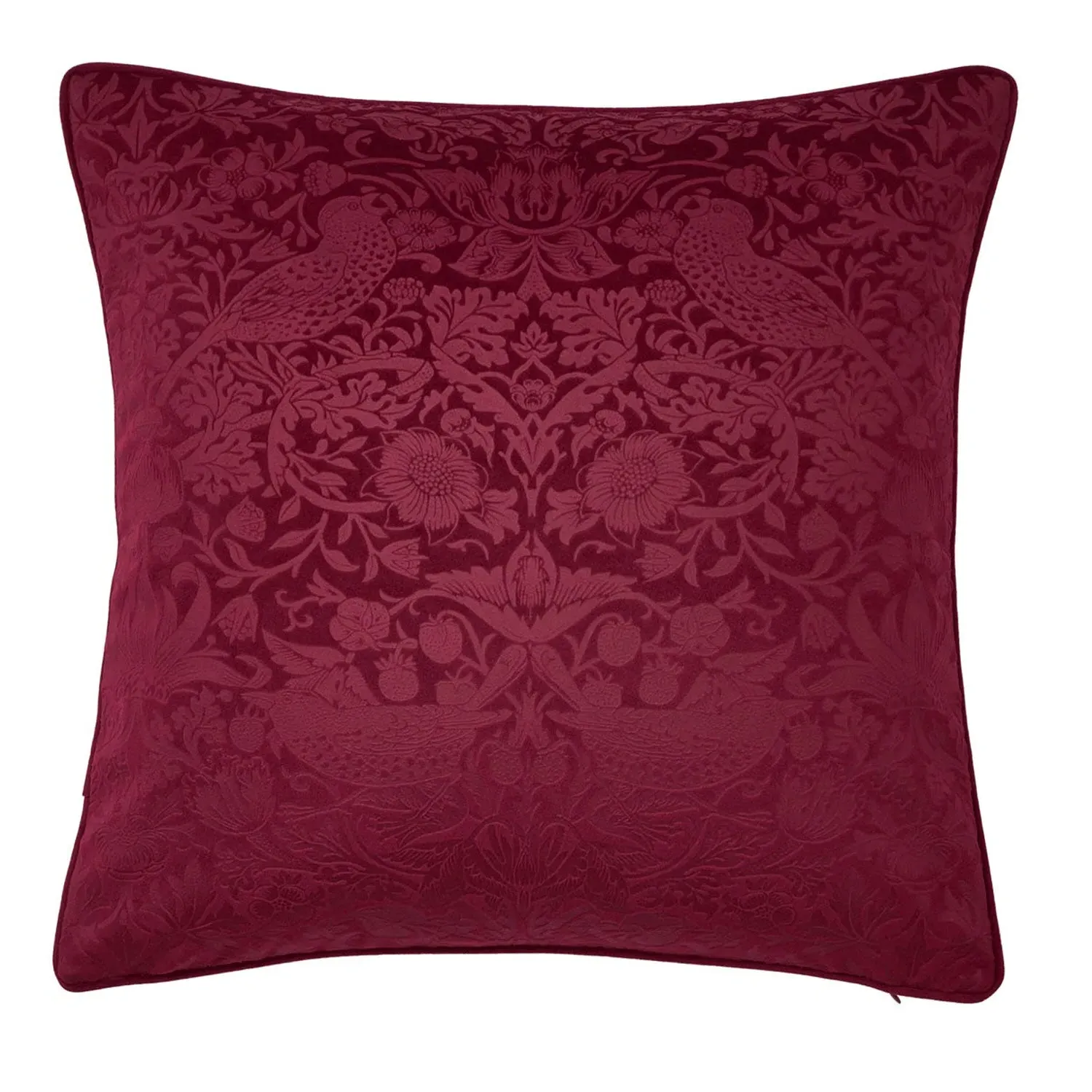 William Morris Strawberry Thief Large Cushion - Red, Embossed Velvet by Julian Charles