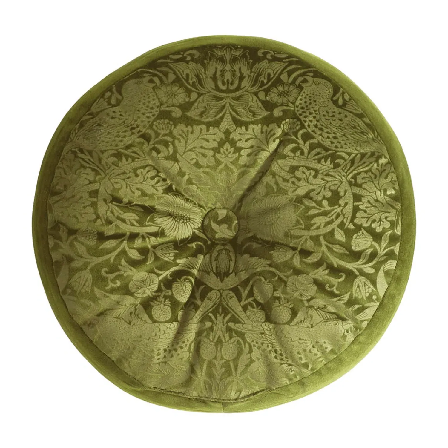 William Morris Strawberry Thief Round Cushion - Green, Embossed Velvet by Julian Charles
