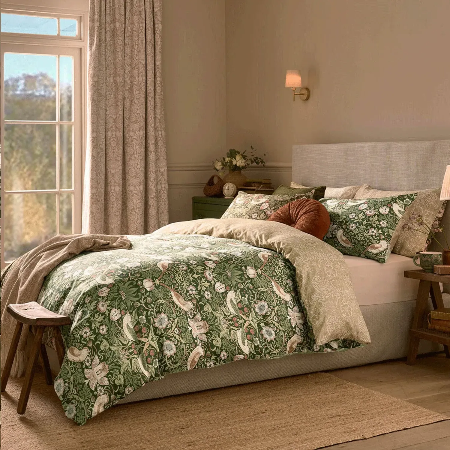 William Morris Strawberry Thief Single Duvet Set - Green, Cotton Sateen product