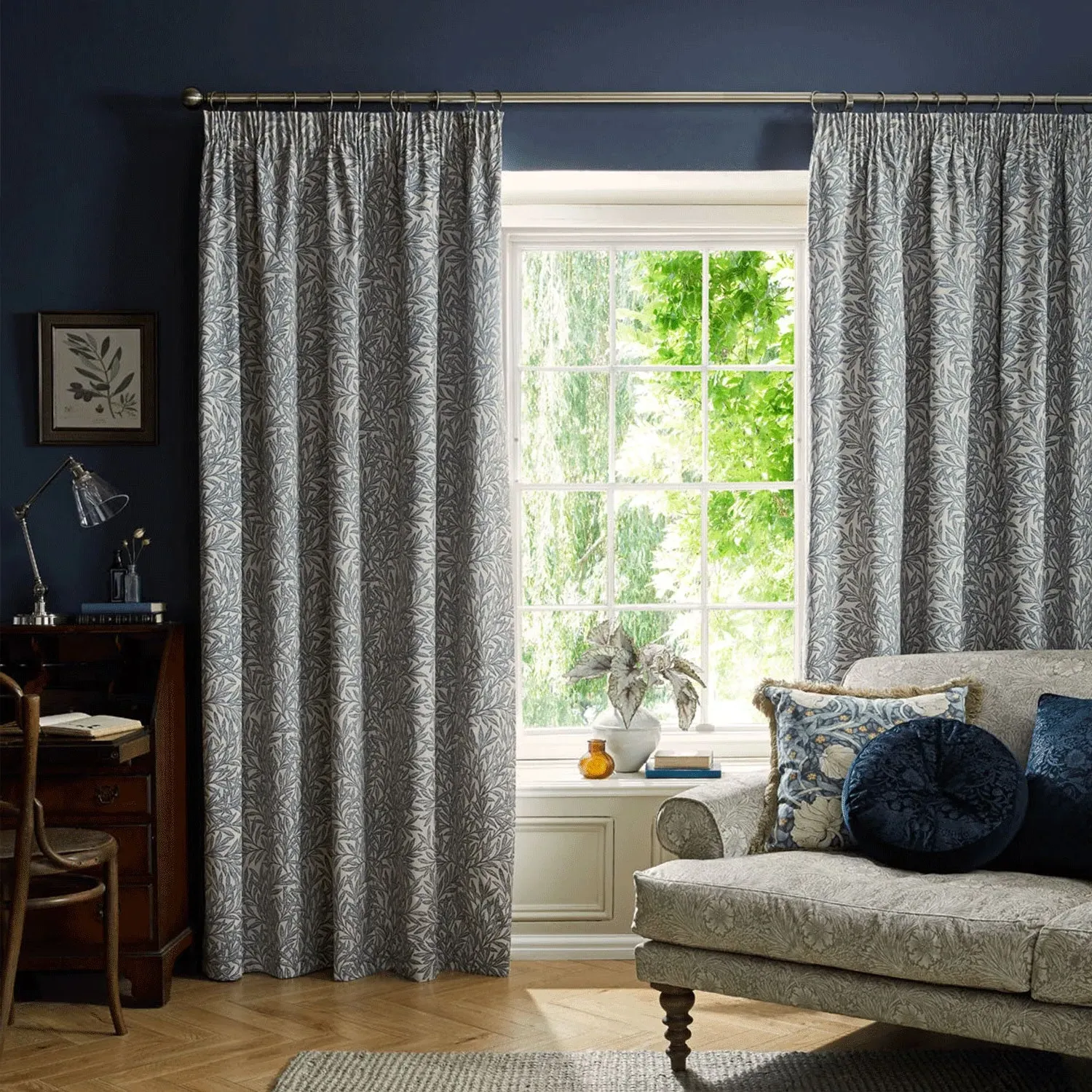 William Morris Willow Pencil Pleat Curtains - Blue, Cotton by Julian Charles