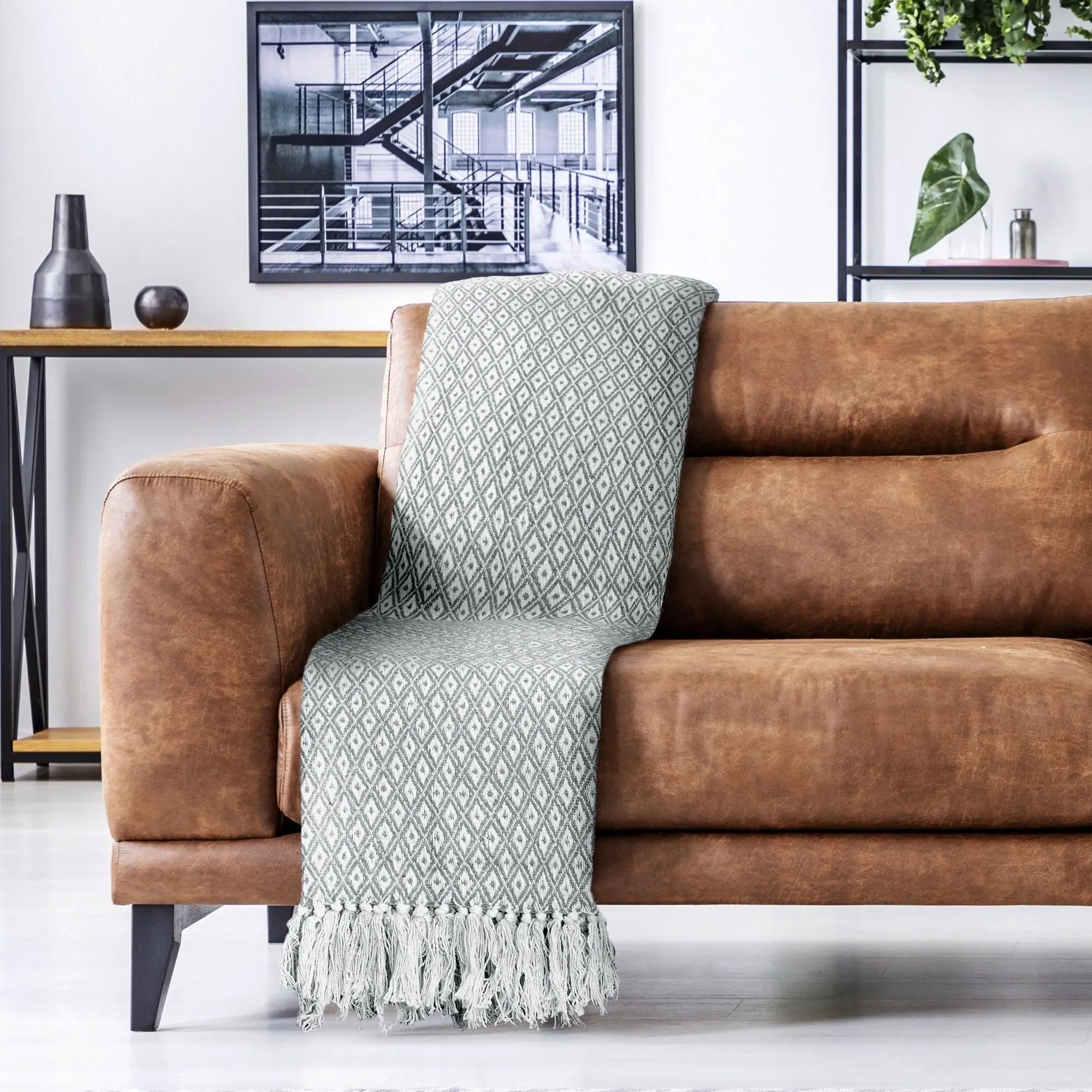 Woven Throw with Geometric Design - Grey, Cotton