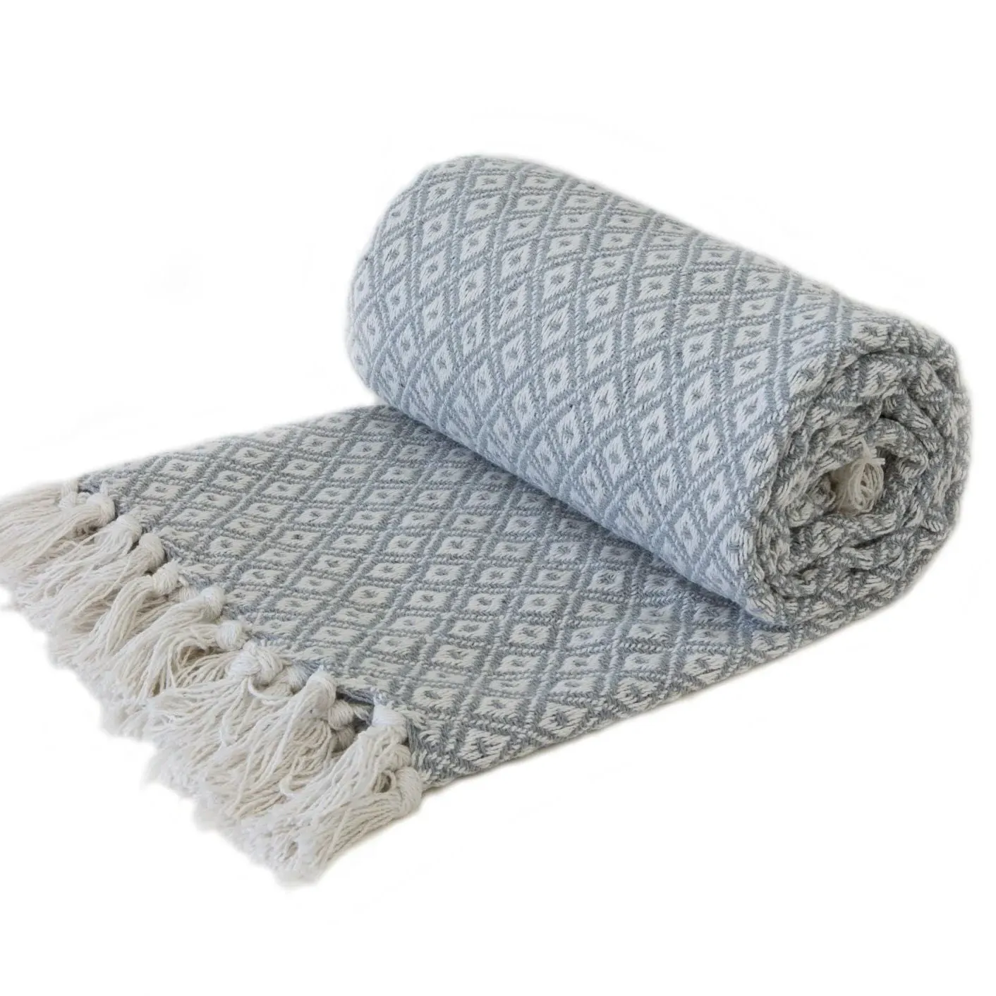 Woven Throw with Geometric Design - Grey, Cotton